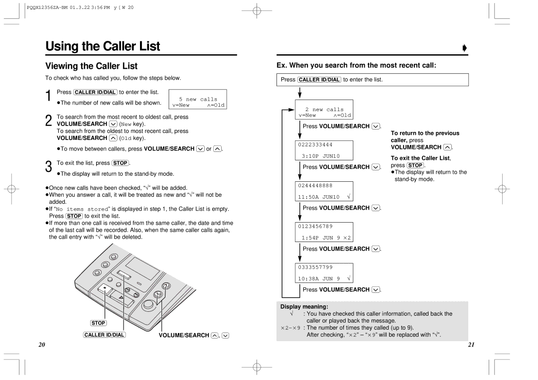 Panasonic KX-TM150ALB Using the Caller List, Viewing the Caller List, Ex. When you search from the most recent call 