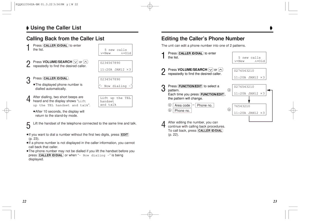 Panasonic KX-TM150ALB Editing the Caller’s Phone Number, Unit can edit a phone number into one of 2 patterns 