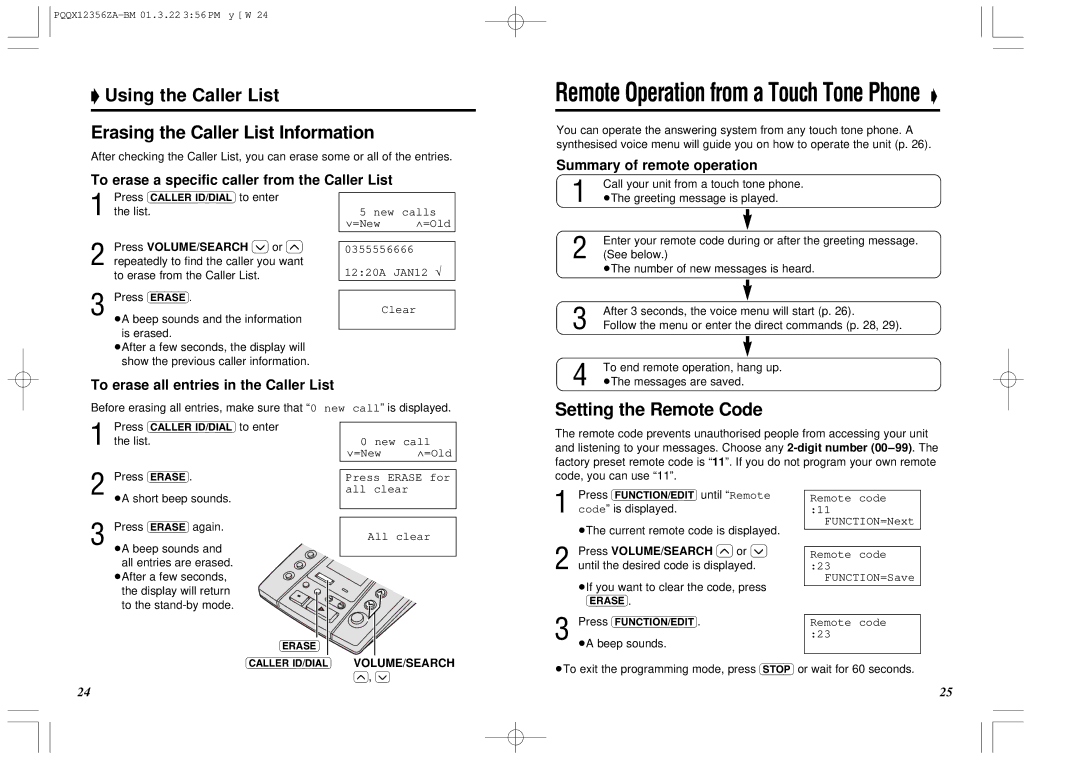 Panasonic KX-TM150ALB Using the Caller List Erasing the Caller List Information, Setting the Remote Code 