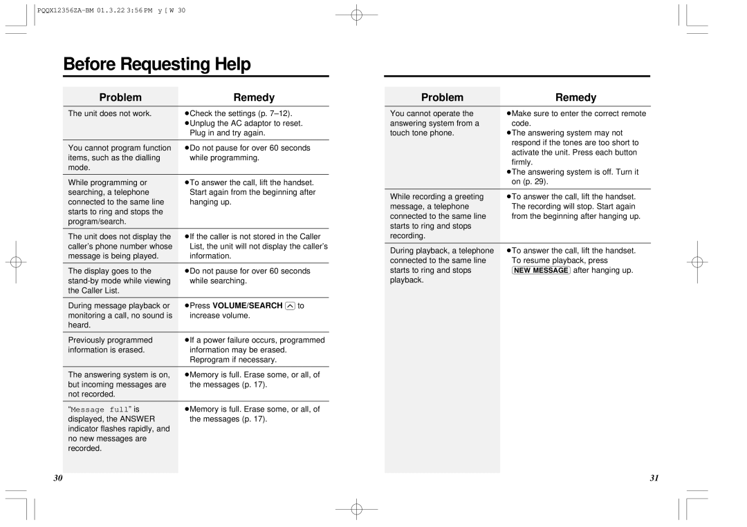 Panasonic KX-TM150ALB operating instructions Before Requesting Help, Remedy, ³Press VOLUME/SEARCH to 