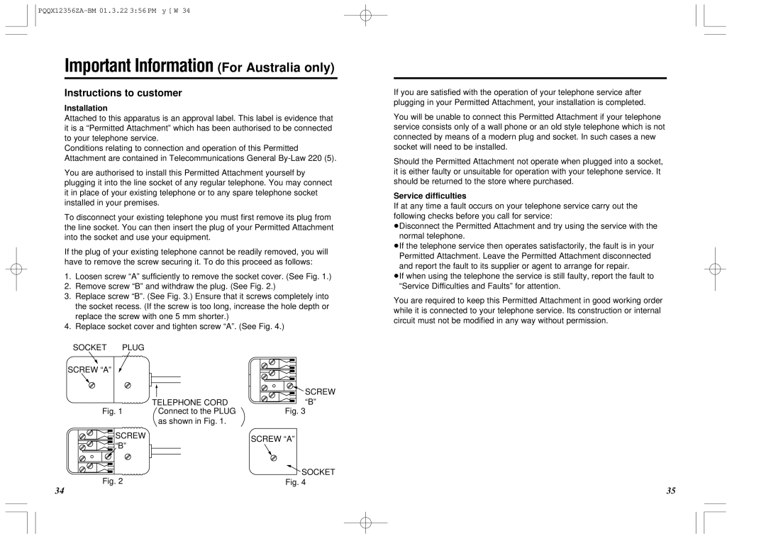 Panasonic KX-TM150ALB Important Information For Australia only, Instructions to customer, Installation 