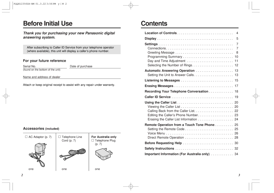 Panasonic KX-TM150ALB operating instructions Before Initial Use, Contents 