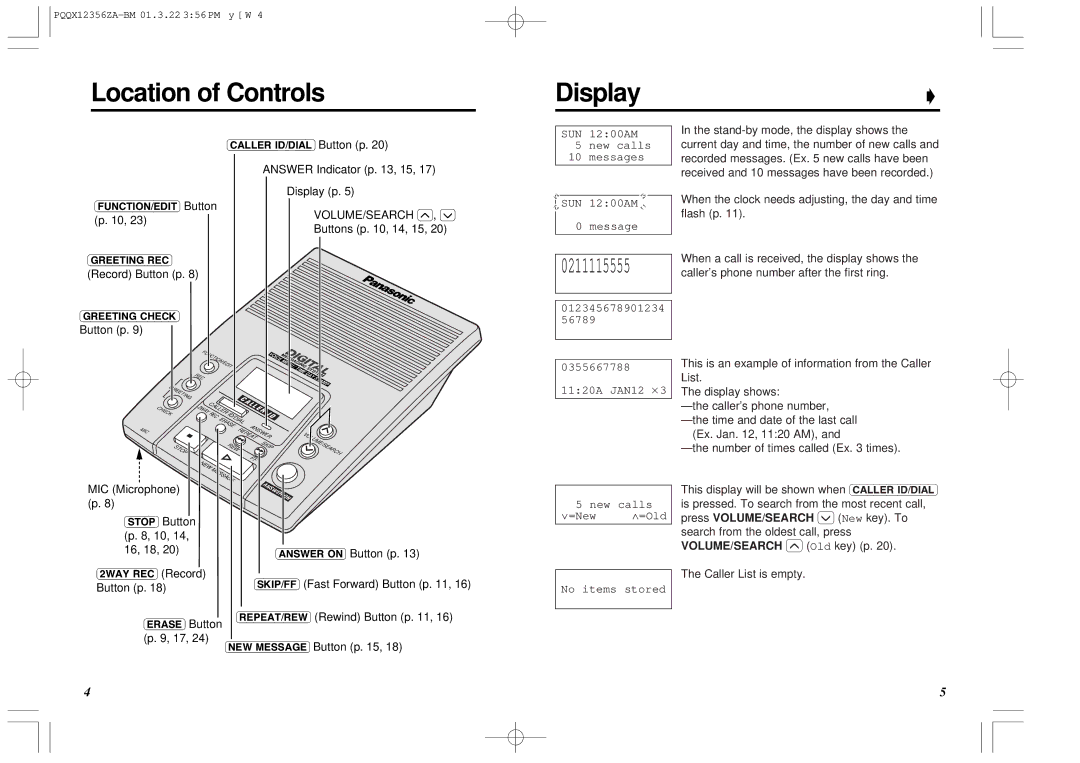 Panasonic KX-TM150ALB Location of Controls Display, Answer Indicator p , 15 Display p, Record Button p 