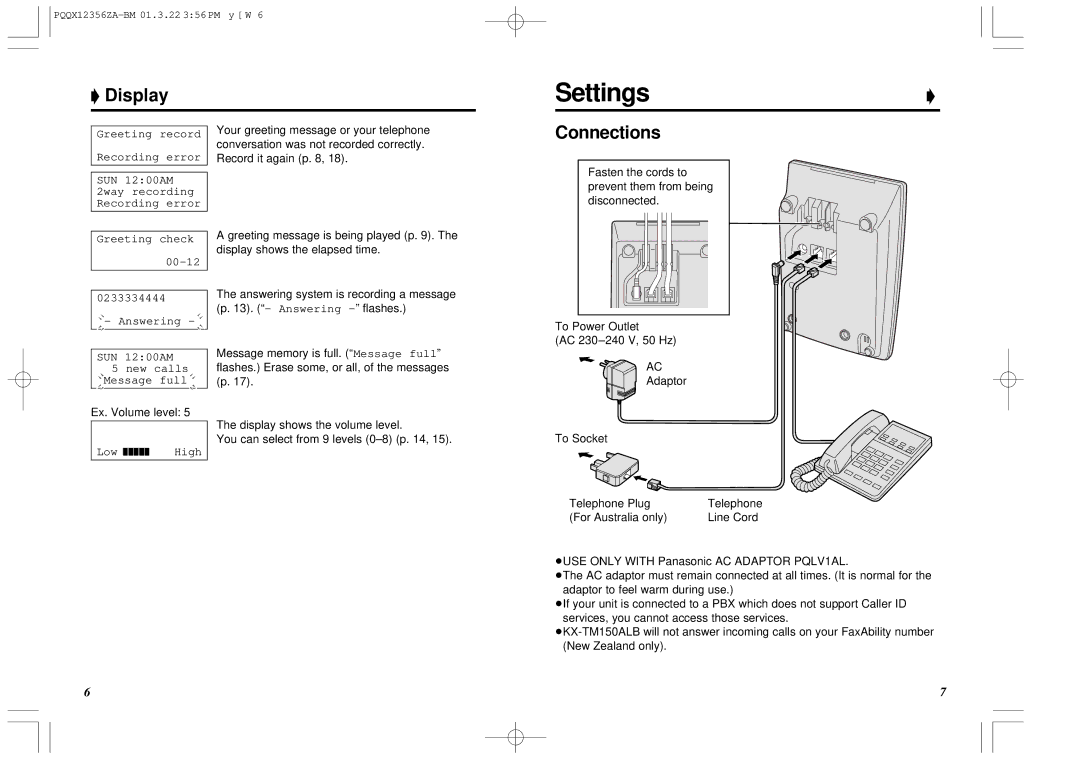 Panasonic KX-TM150ALB Settings, Display, Connections, Fasten the cords to prevent them from being disconnected 