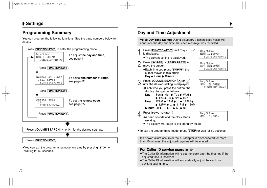 Panasonic KX-TM150ALB Settings Programming Summary, Day and Time Adjustment, For Caller ID service users p 