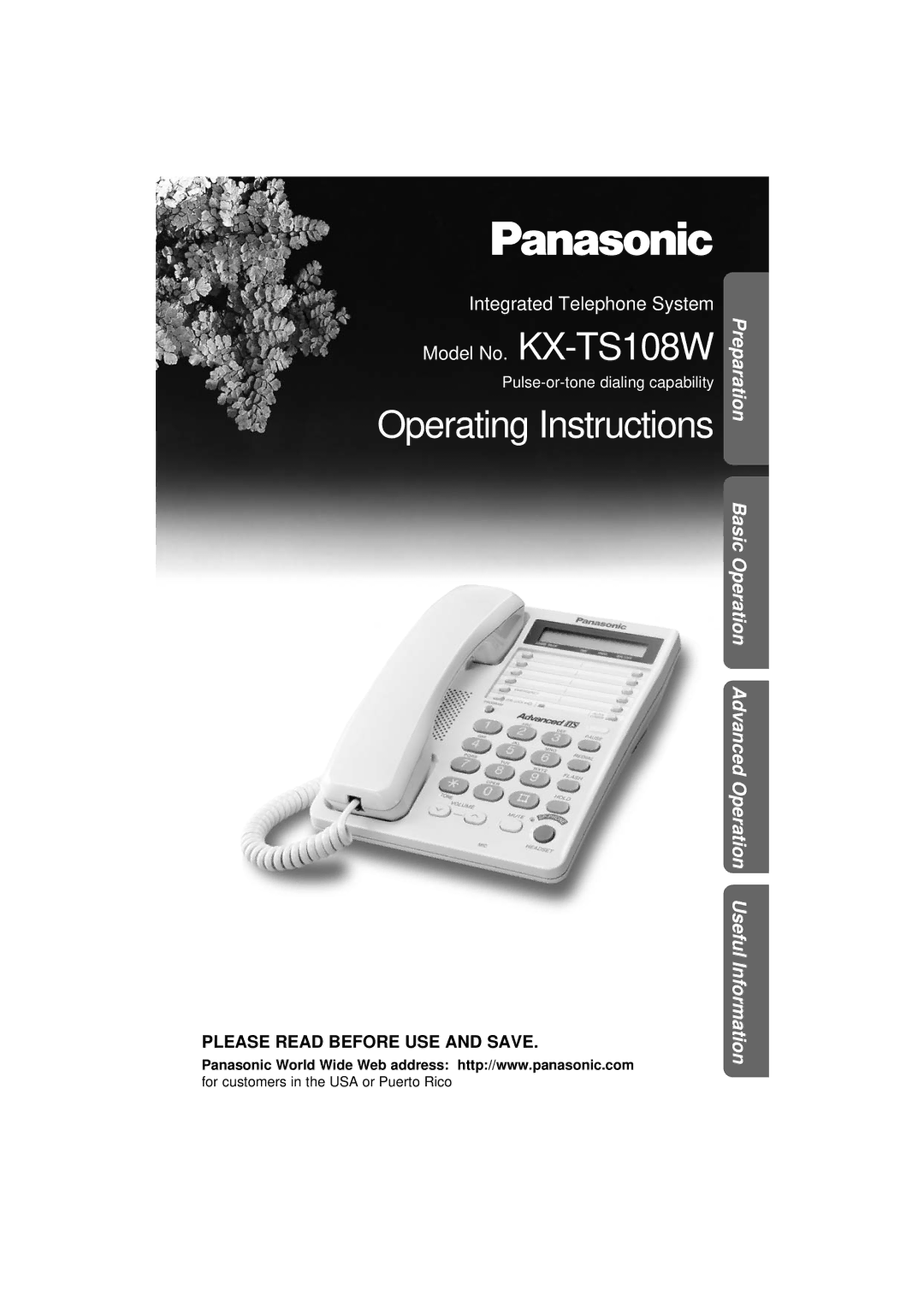 Panasonic KX-TS108W operating instructions Operating Instructions 