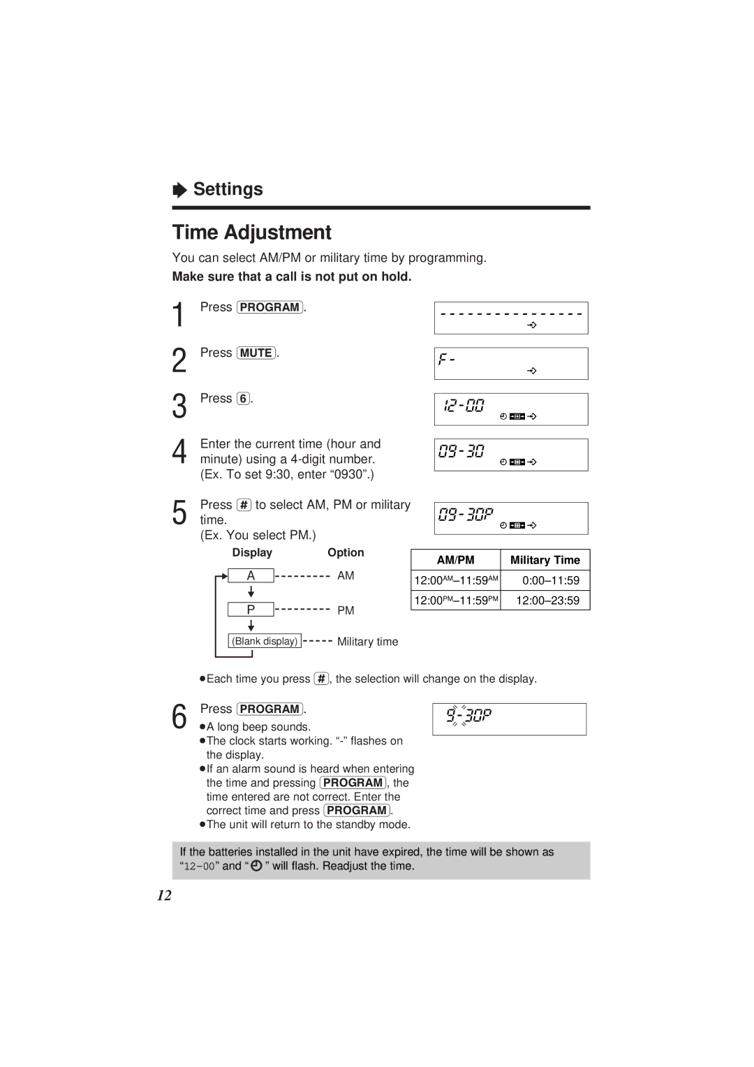 Panasonic KX-TS108W operating instructions Time Adjustment, You can select AM/PM or military time by programming 