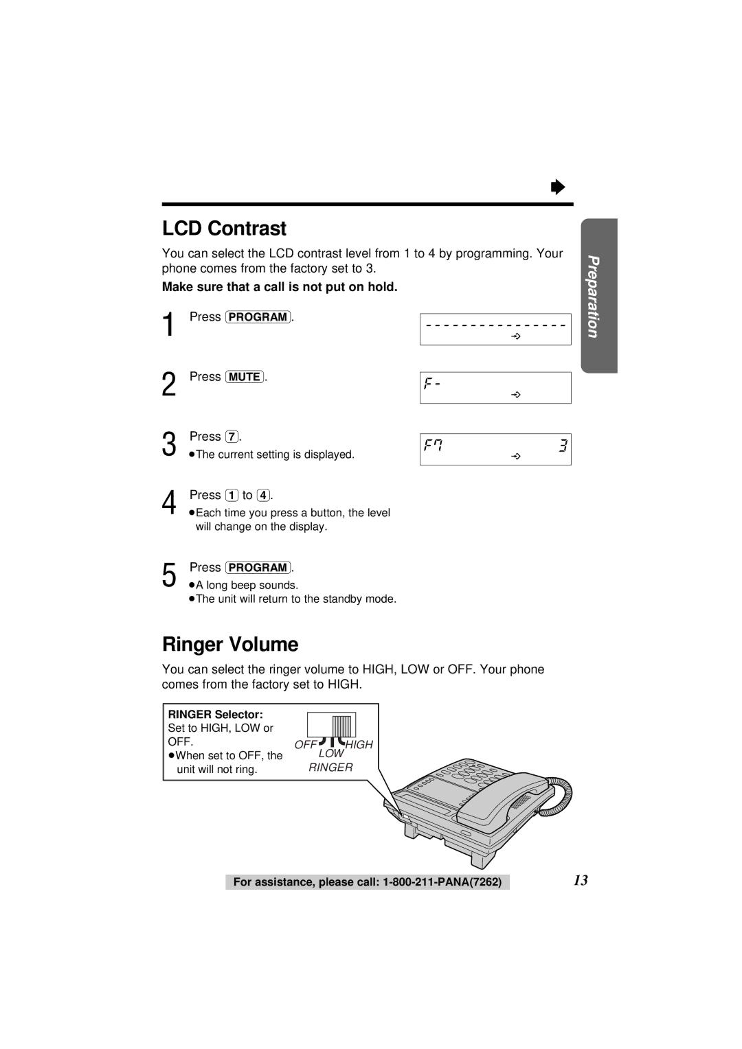 Panasonic KX-TS108W operating instructions LCD Contrast, Ringer Volume, Press 1 to 