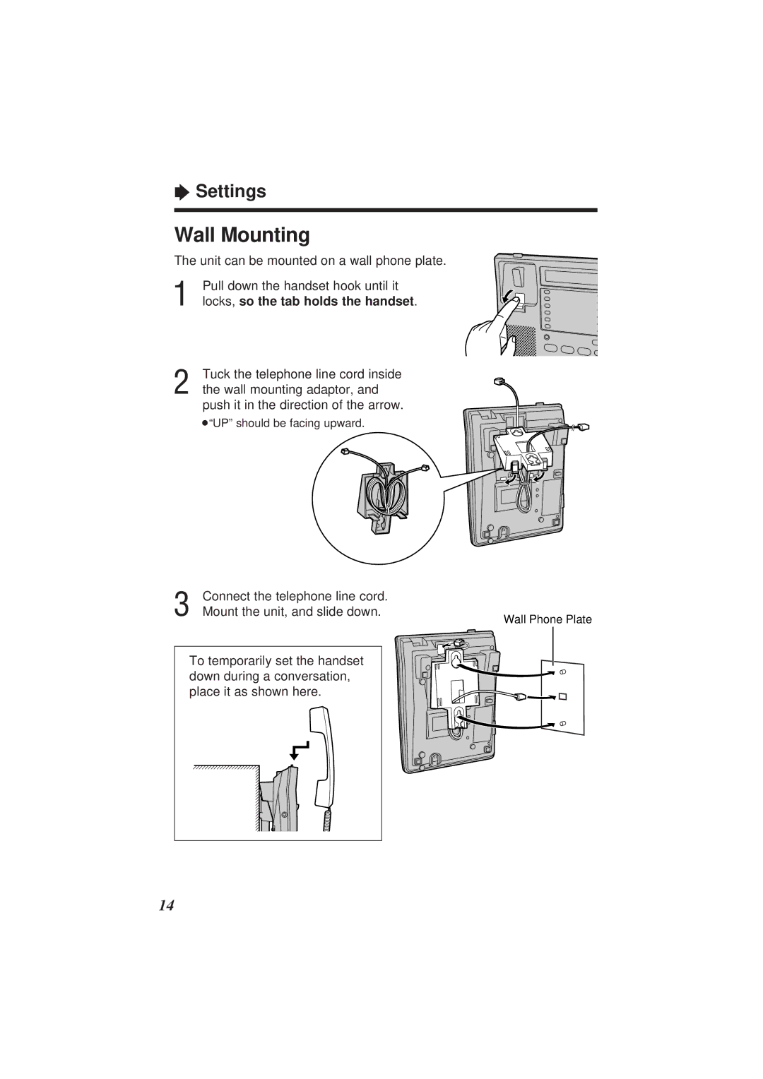 Panasonic KX-TS108W operating instructions Wall Mounting, Tuck the telephone line cord inside, Wall mounting adaptor 