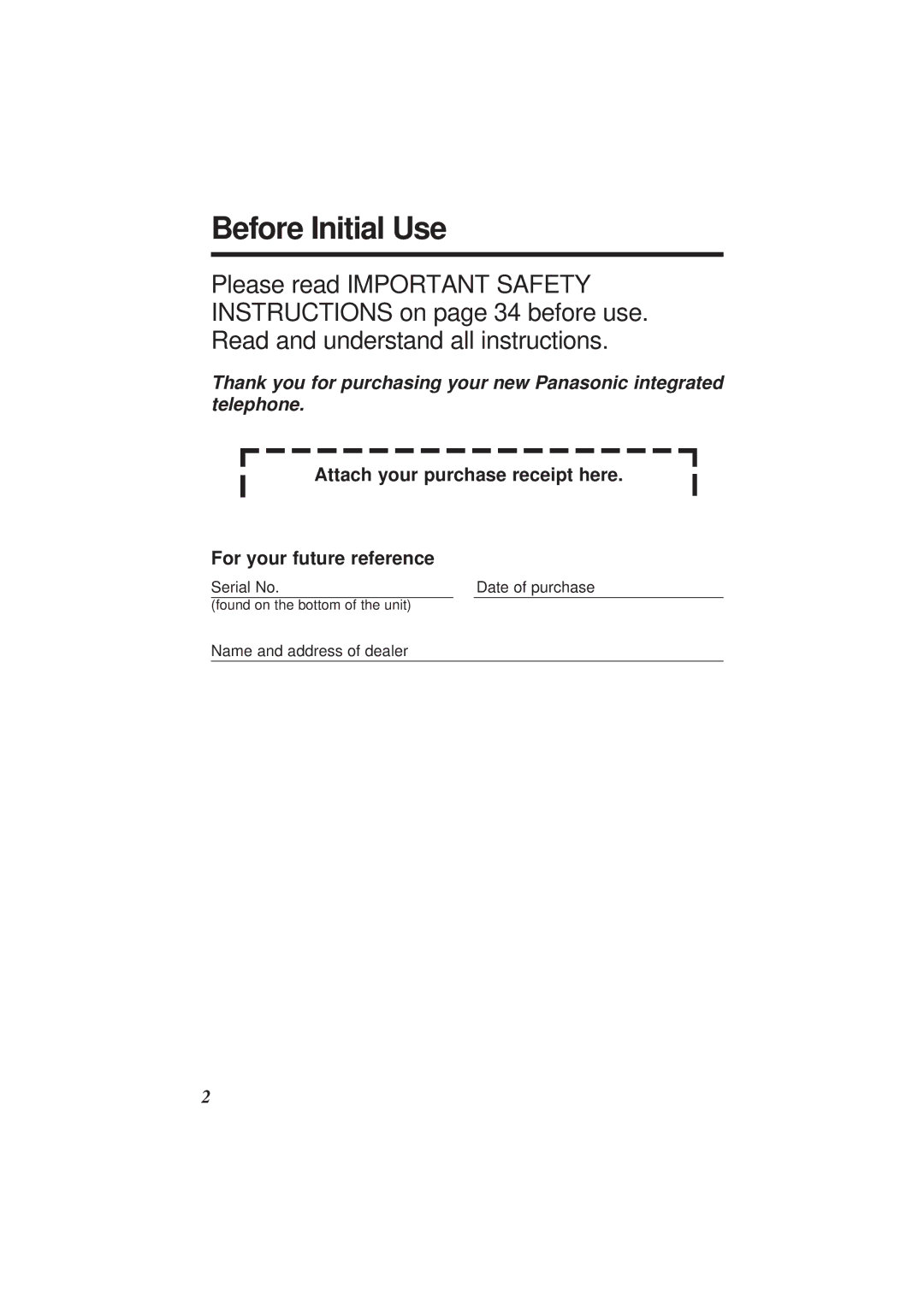 Panasonic KX-TS108W operating instructions Before Initial Use, Attach your purchase receipt here For your future reference 