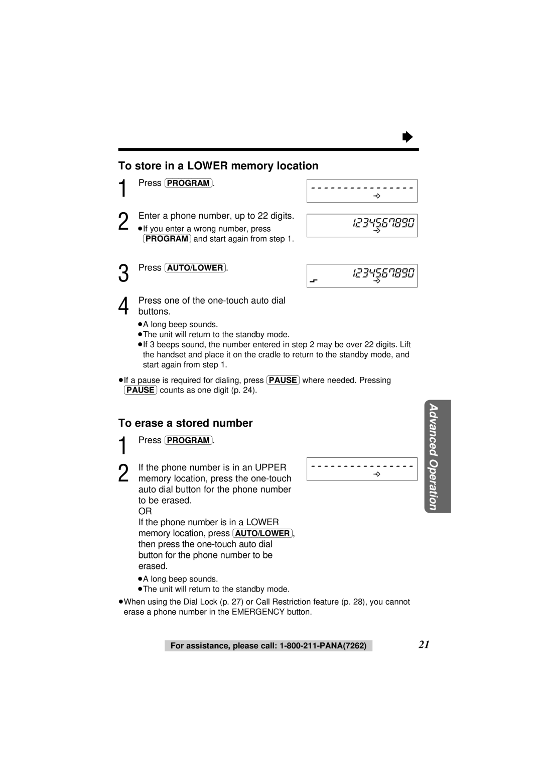 Panasonic KX-TS108W operating instructions To store in a Lower memory location, If the phone number is in an Upper 