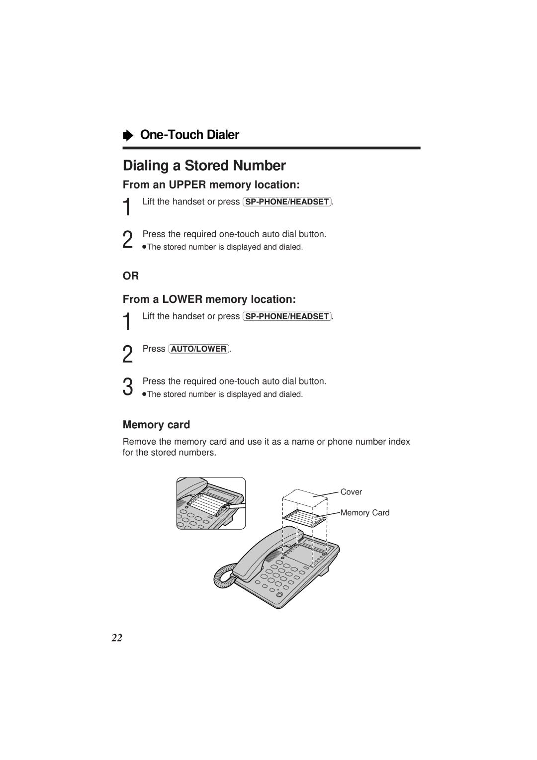 Panasonic KX-TS108W operating instructions From an Upper memory location, From a Lower memory location, Memory card 