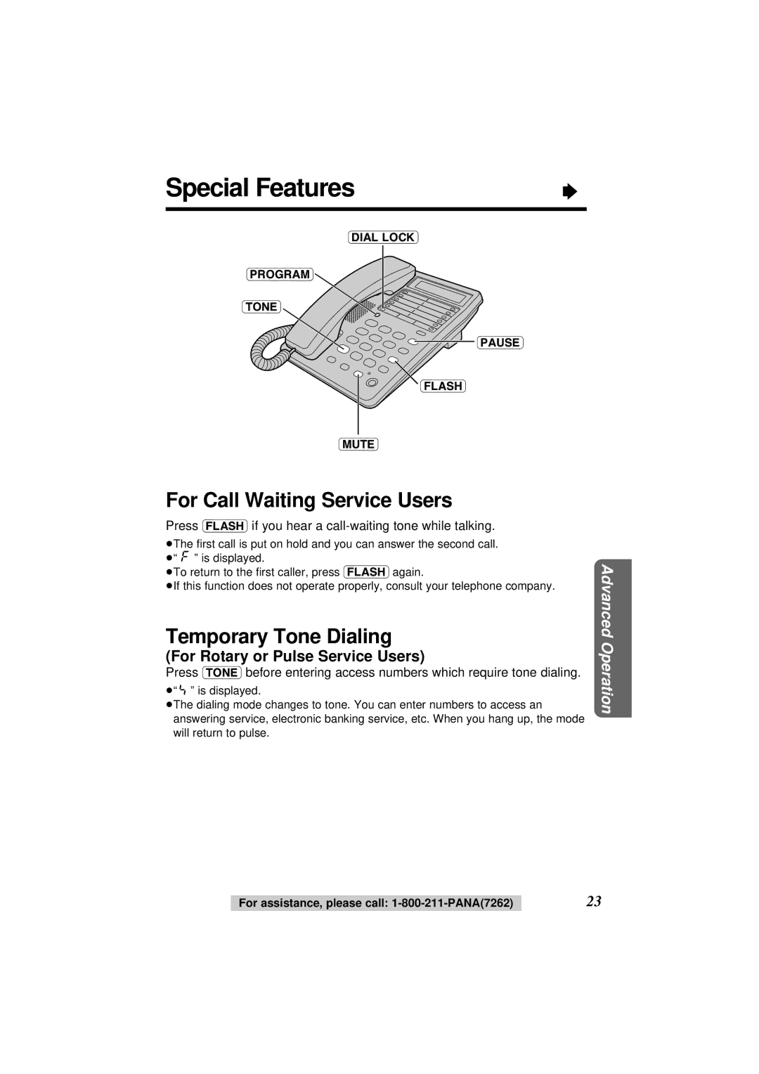 Panasonic KX-TS108W operating instructions Special Features, For Call Waiting Service Users, Temporary Tone Dialing 