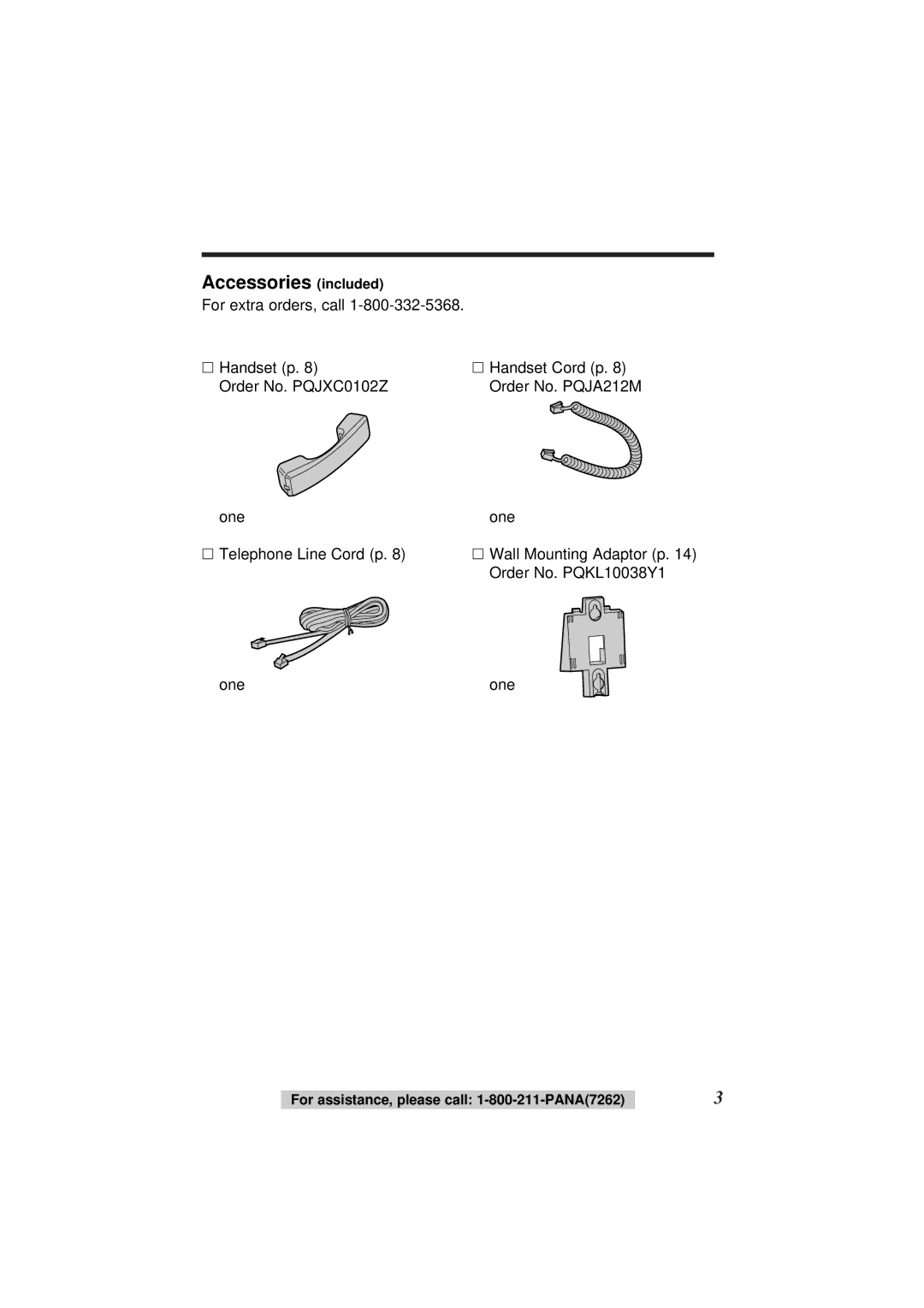 Panasonic KX-TS108W operating instructions Accessories included 