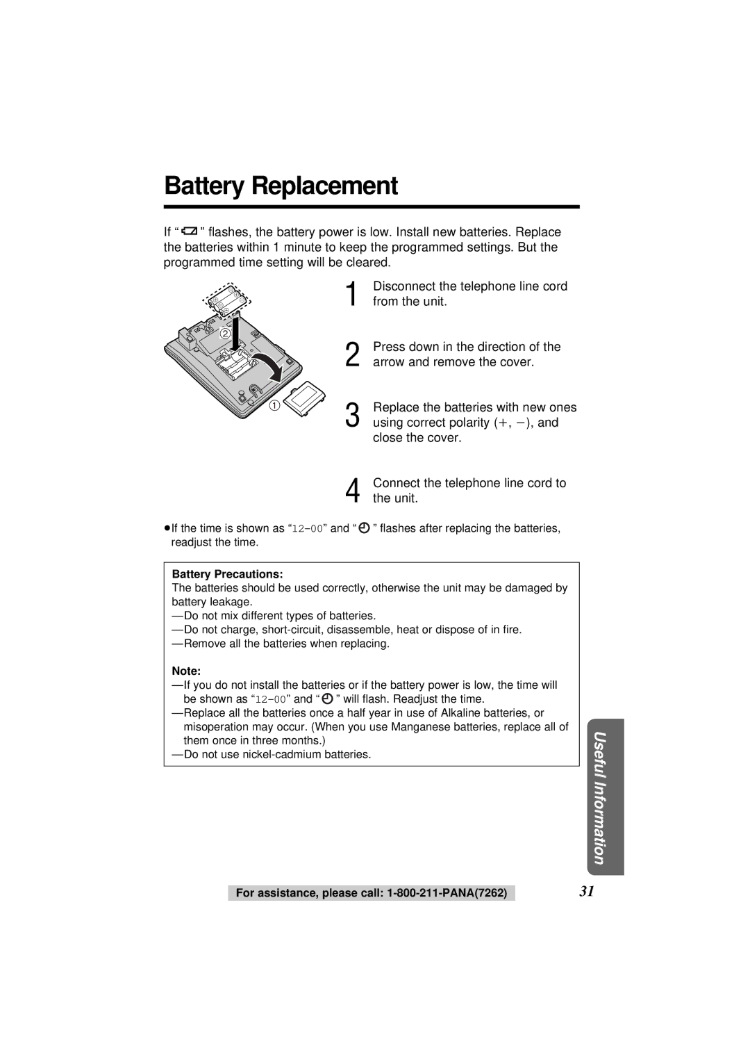 Panasonic KX-TS108W operating instructions Battery Replacement, Battery Precautions 