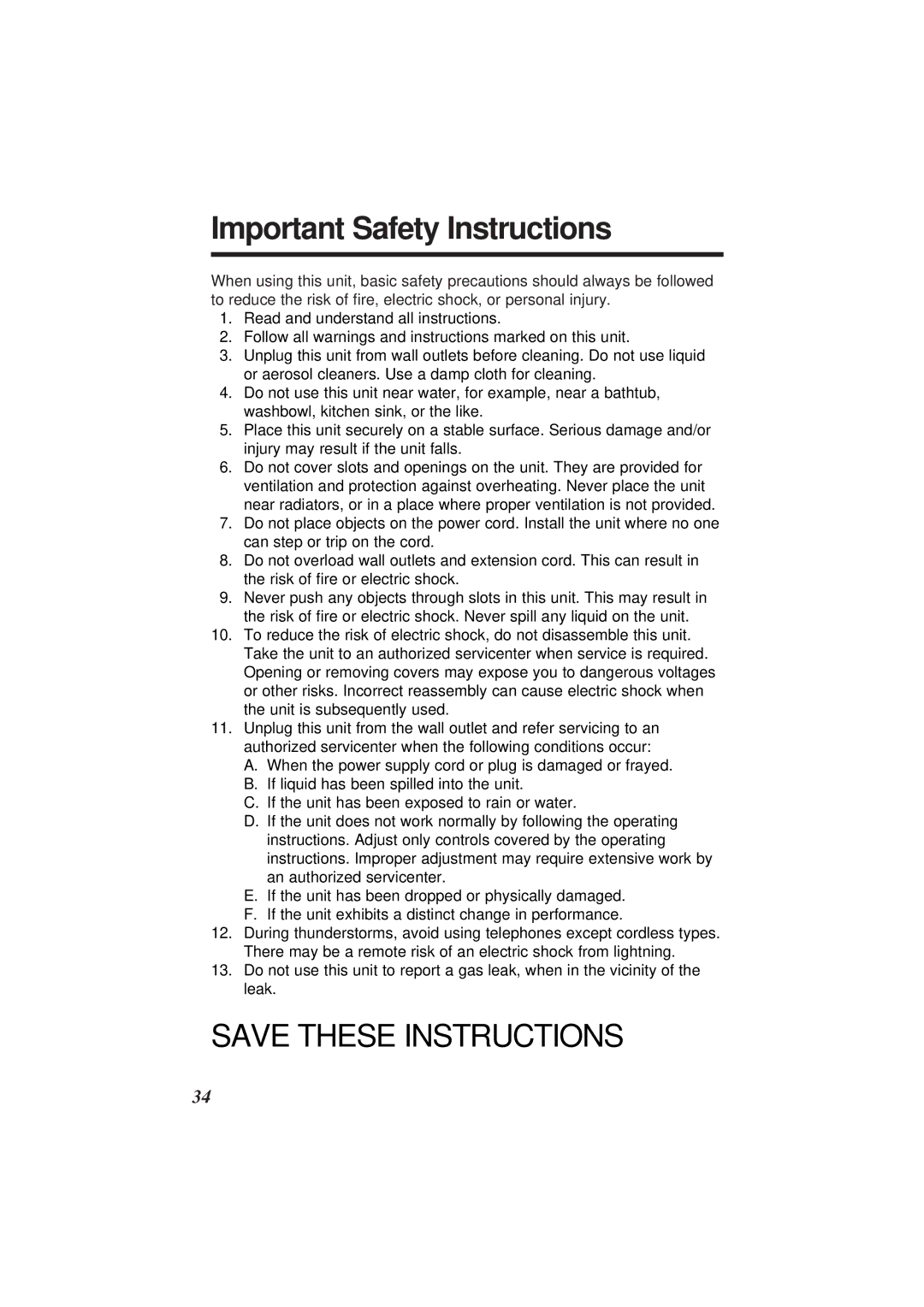 Panasonic KX-TS108W operating instructions Important Safety Instructions 