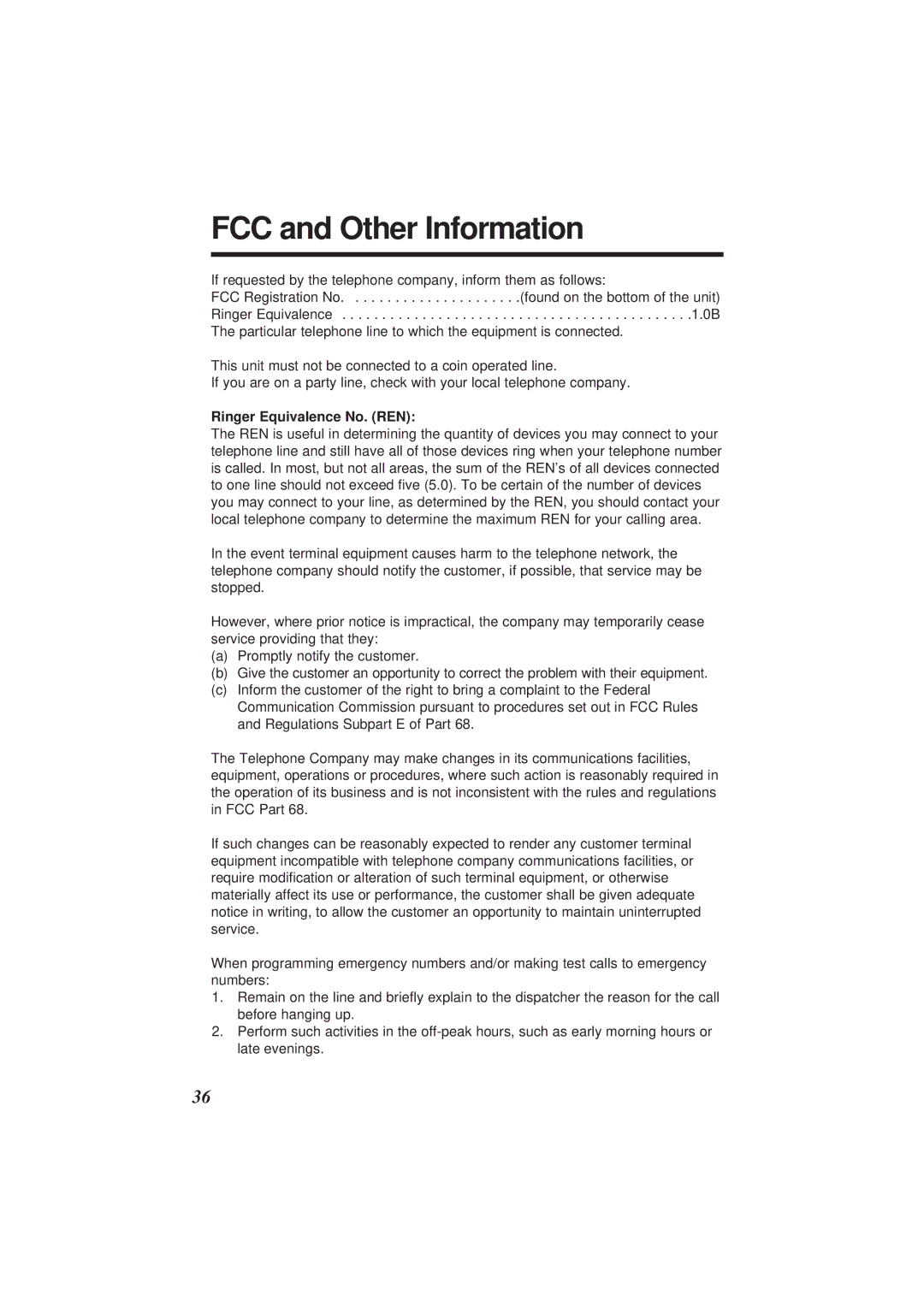 Panasonic KX-TS108W operating instructions FCC and Other Information, Ringer Equivalence No. REN 