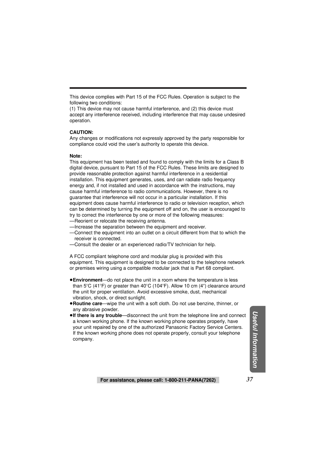 Panasonic KX-TS108W operating instructions Useful Information 