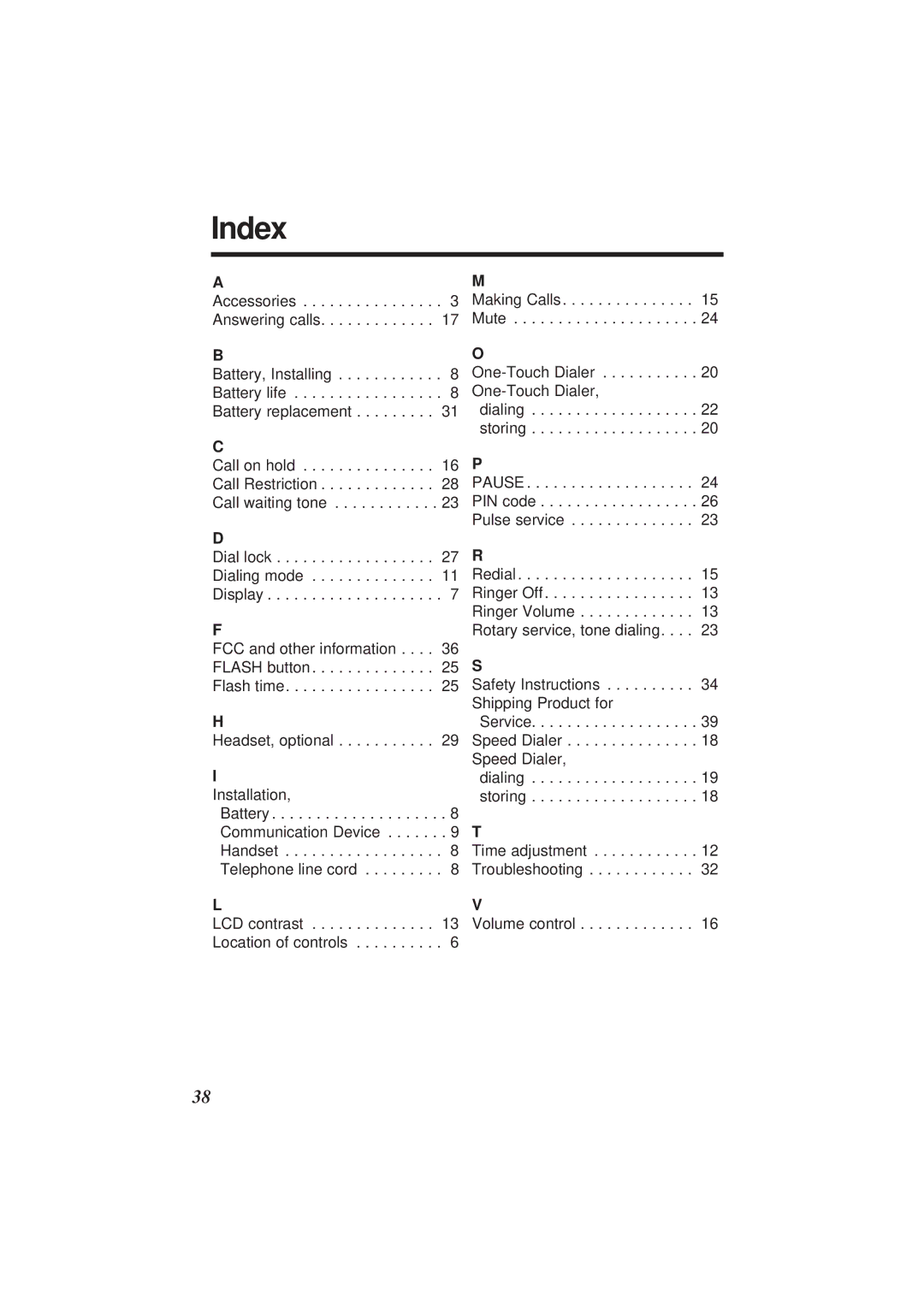 Panasonic KX-TS108W operating instructions Index 