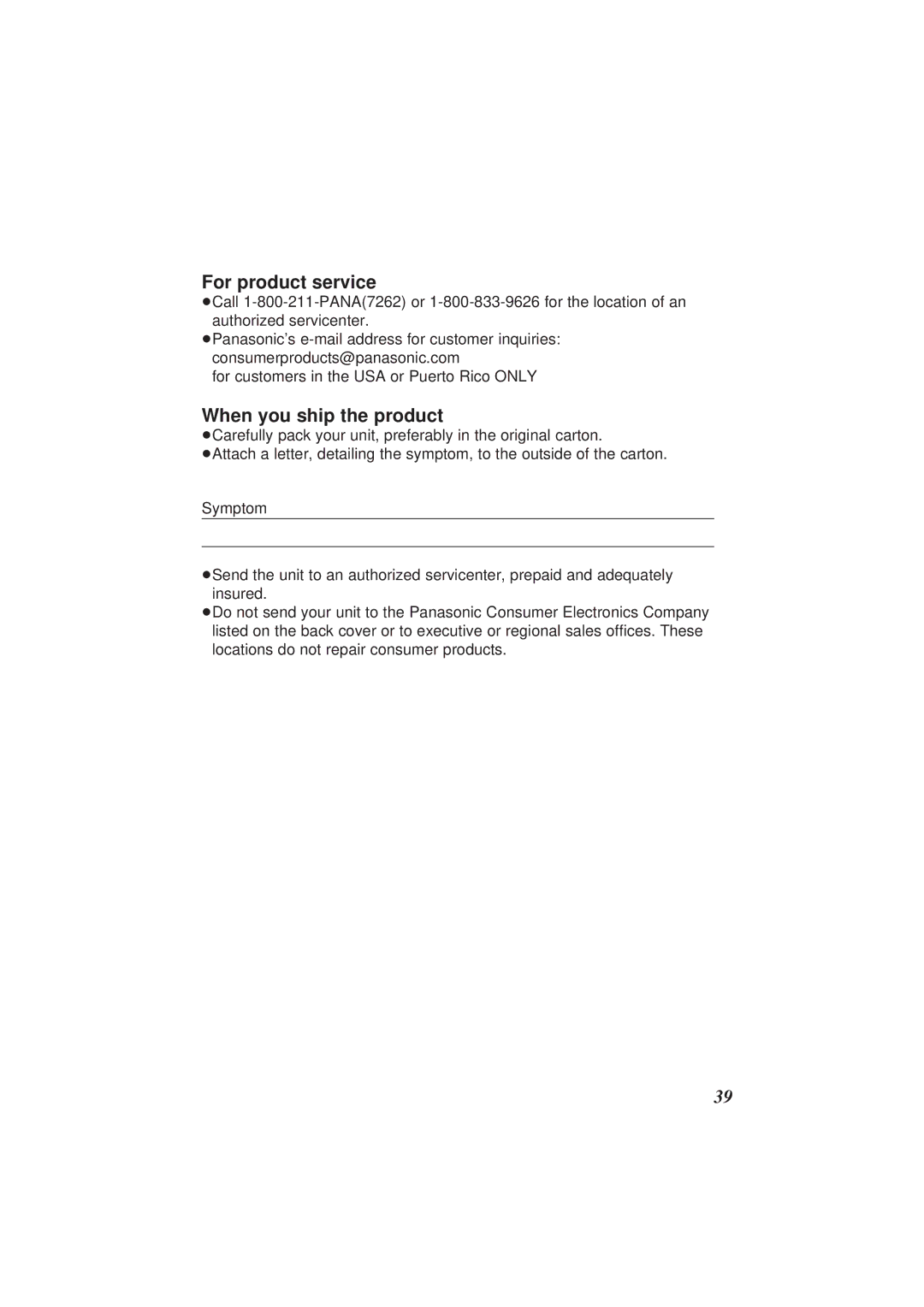 Panasonic KX-TS108W operating instructions For product service, When you ship the product 