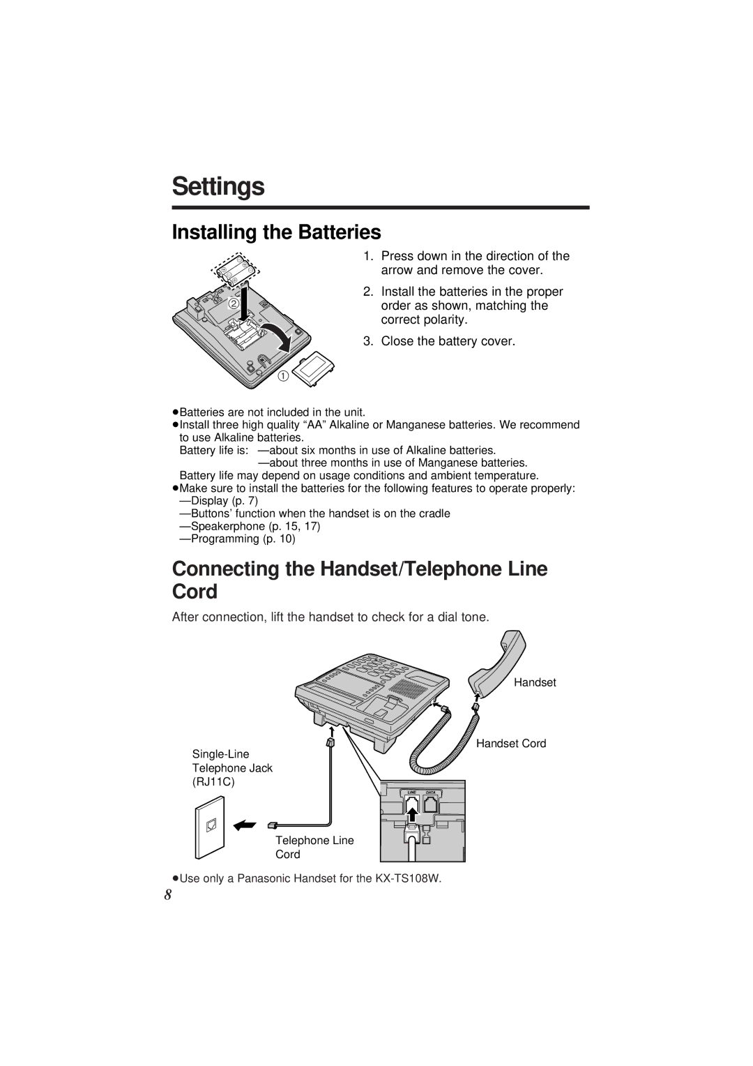 Panasonic KX-TS108W operating instructions Settings, Installing the Batteries, Connecting the Handset/Telephone Line Cord 