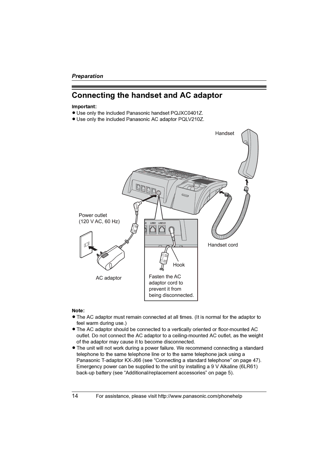 Panasonic KX-TS4100 operating instructions Connecting the handset and AC adaptor 