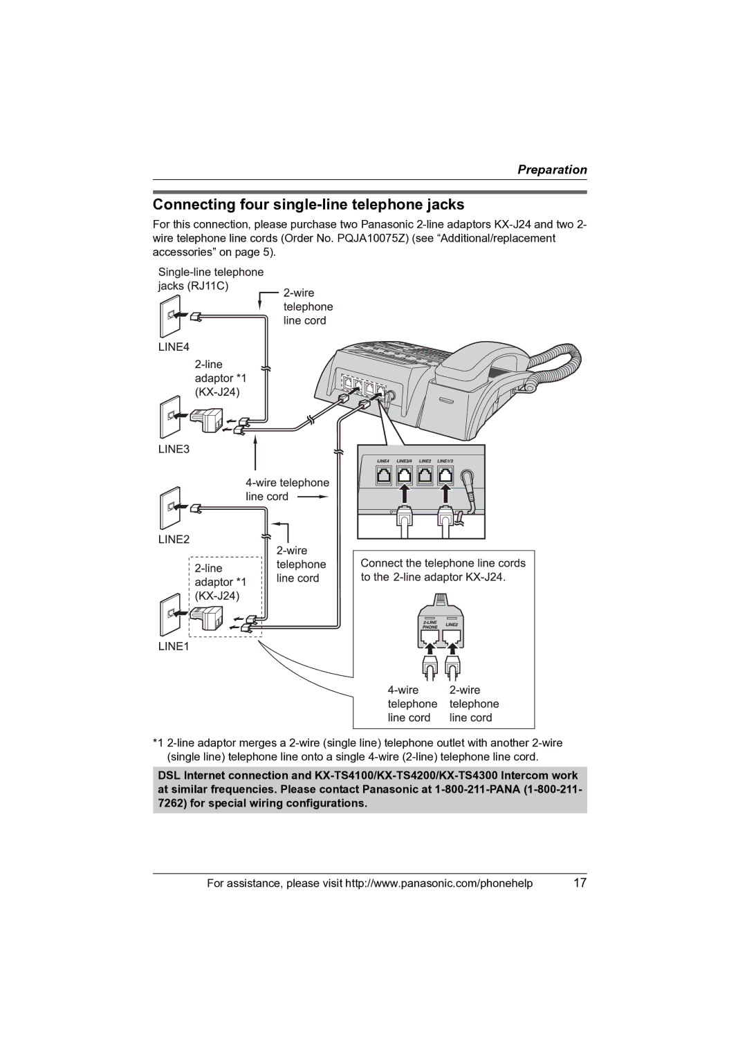 Panasonic KX-TS4100 operating instructions Connecting four single-line telephone jacks 