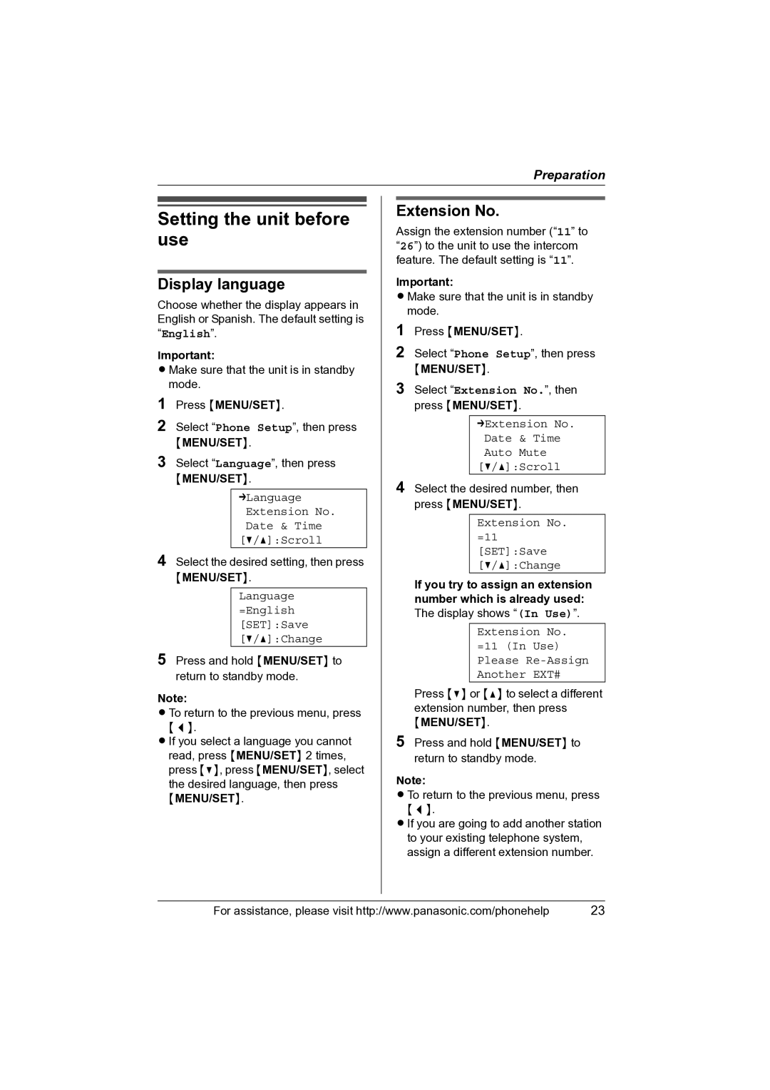 Panasonic KX-TS4100 operating instructions Setting the unit before use, Display language, Extension No 