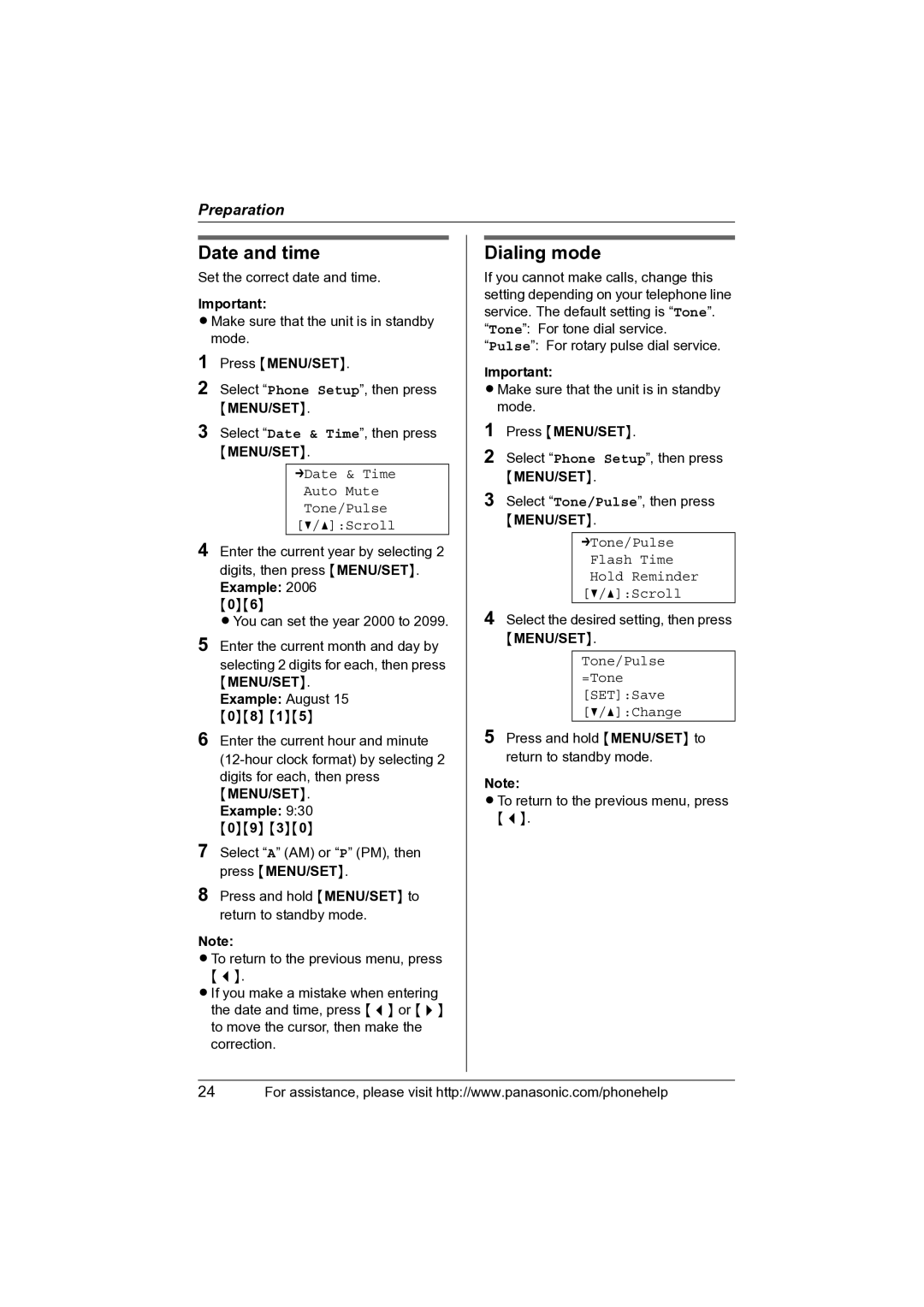 Panasonic KX-TS4100 operating instructions Date and time, Dialing mode, MENU/SET. Example August 