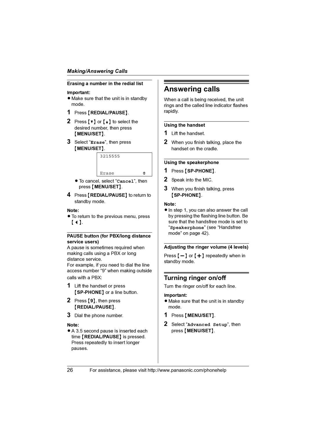 Panasonic KX-TS4100 operating instructions Answering calls, Turning ringer on/off 