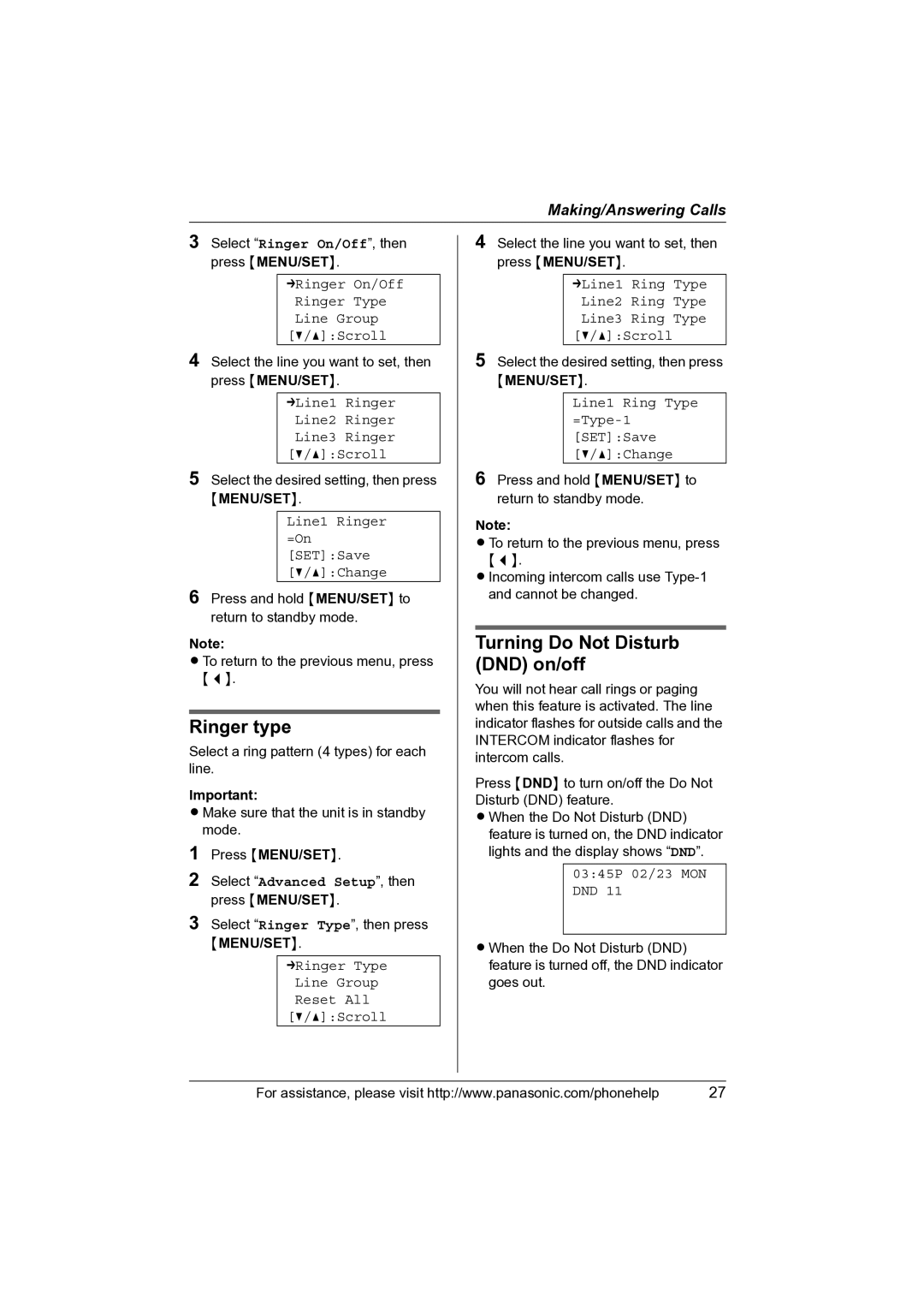 Panasonic KX-TS4100 operating instructions Ringer type, Turning Do Not Disturb DND on/off 