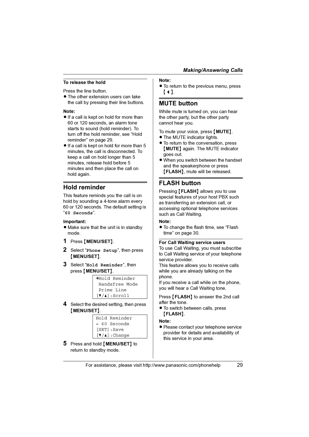 Panasonic KX-TS4100 Hold reminder, Mute button, Flash button, To release the hold, For Call Waiting service users 