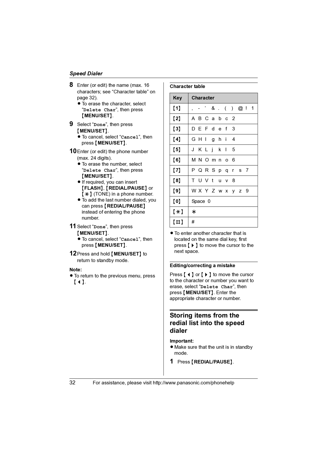 Panasonic KX-TS4100 Storing items from the redial list into the speed dialer, FLASH, REDIAL/PAUSE or, Character table Key 