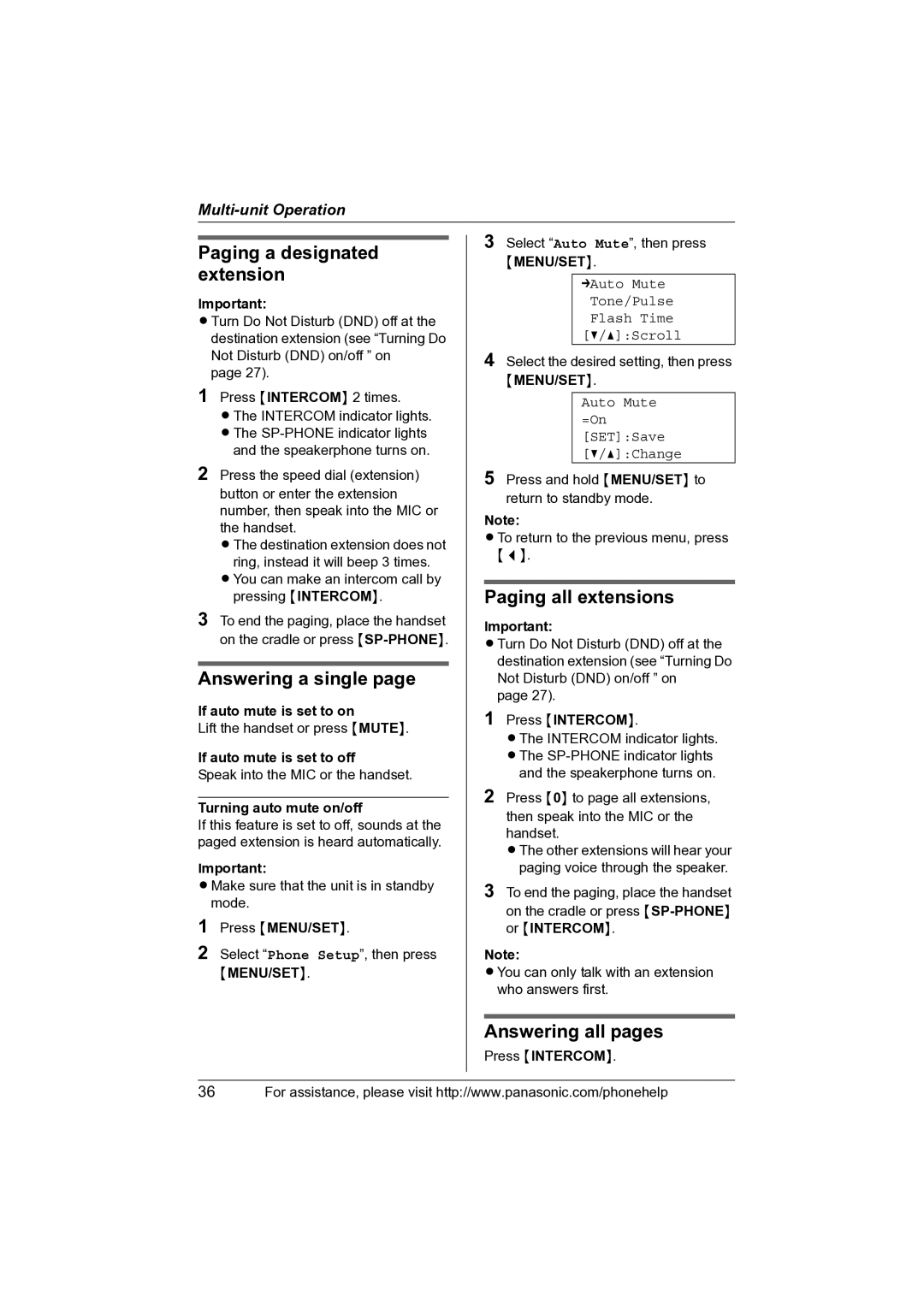 Panasonic KX-TS4100 Paging a designated extension, Answering a single, Paging all extensions, Answering all pages 