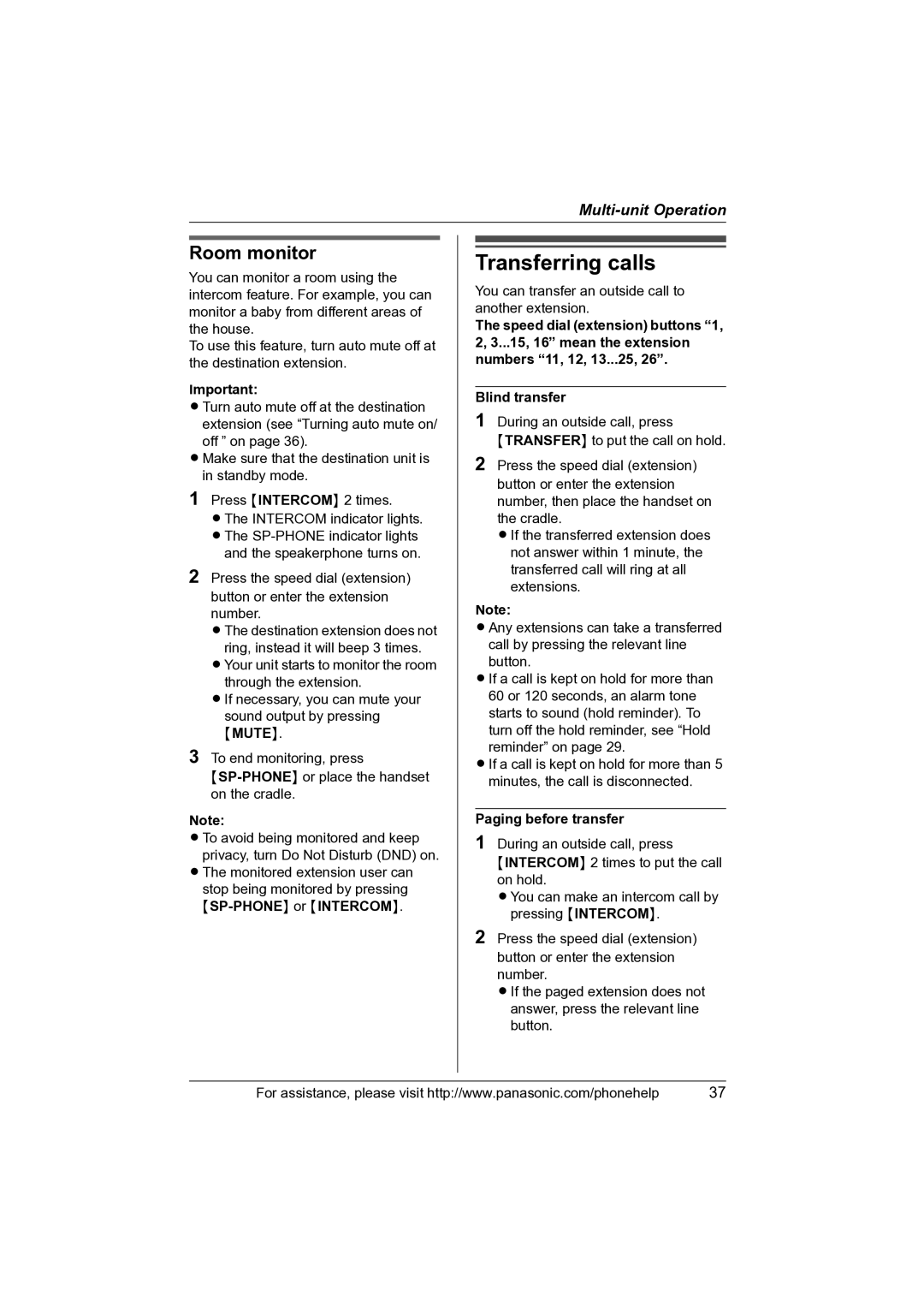 Panasonic KX-TS4100 operating instructions Transferring calls, Room monitor, Mute, Paging before transfer 