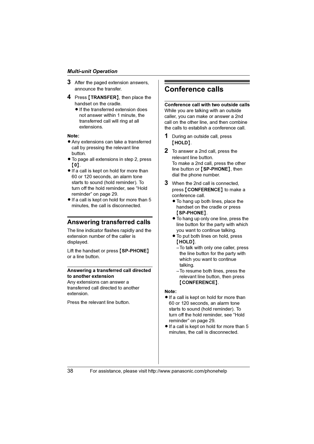 Panasonic KX-TS4100 operating instructions Conference calls, Answering transferred calls, Hold 