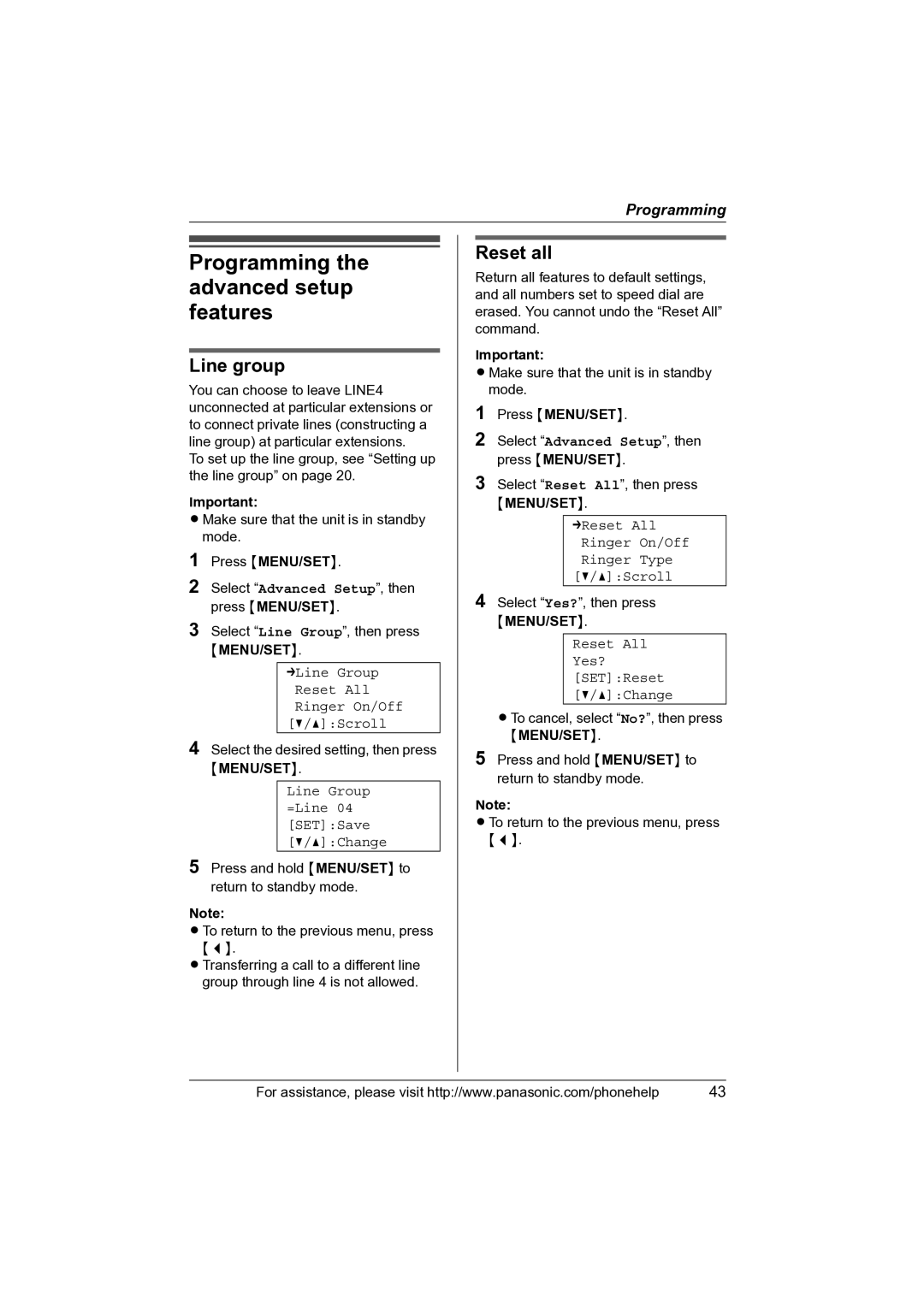 Panasonic KX-TS4100 operating instructions Programming the advanced setup features, Line group, Reset all 