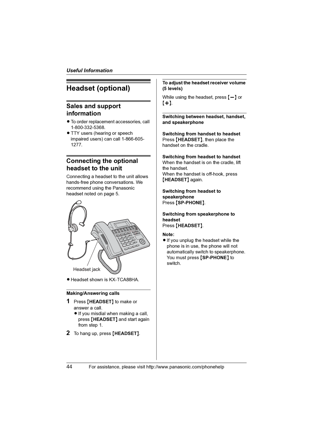 Panasonic KX-TS4100 operating instructions Headset optional, Connecting the optional headset to the unit 