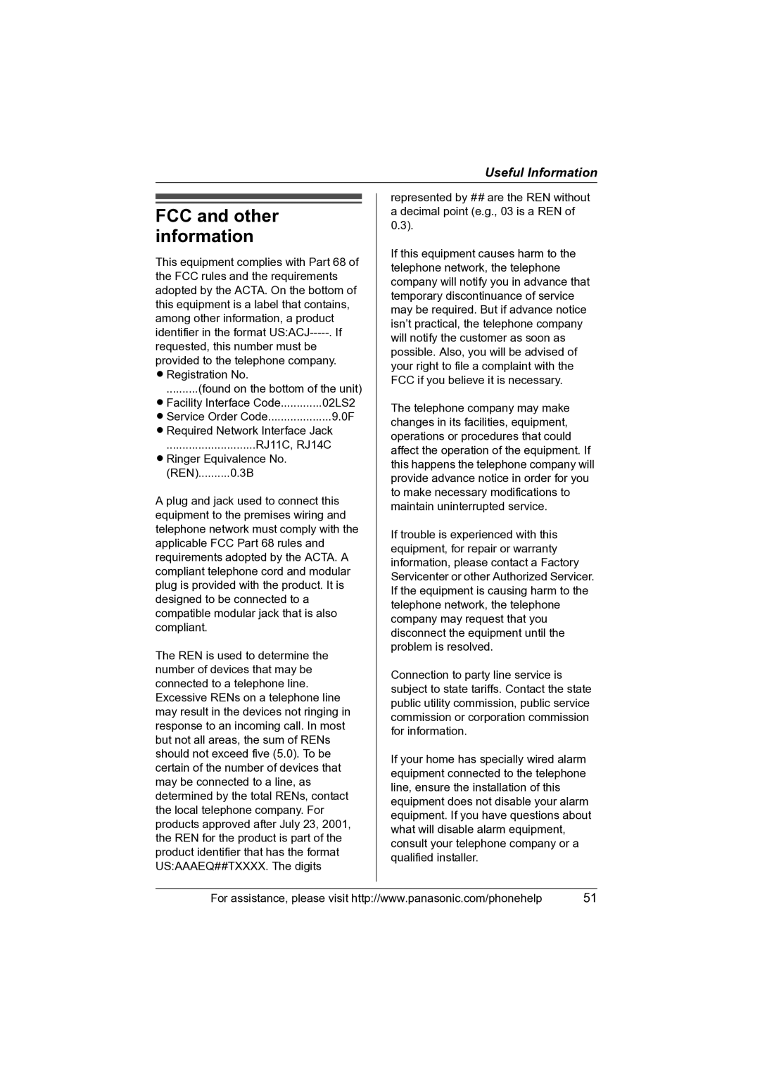 Panasonic KX-TS4100 operating instructions FCC and other information, Ren 