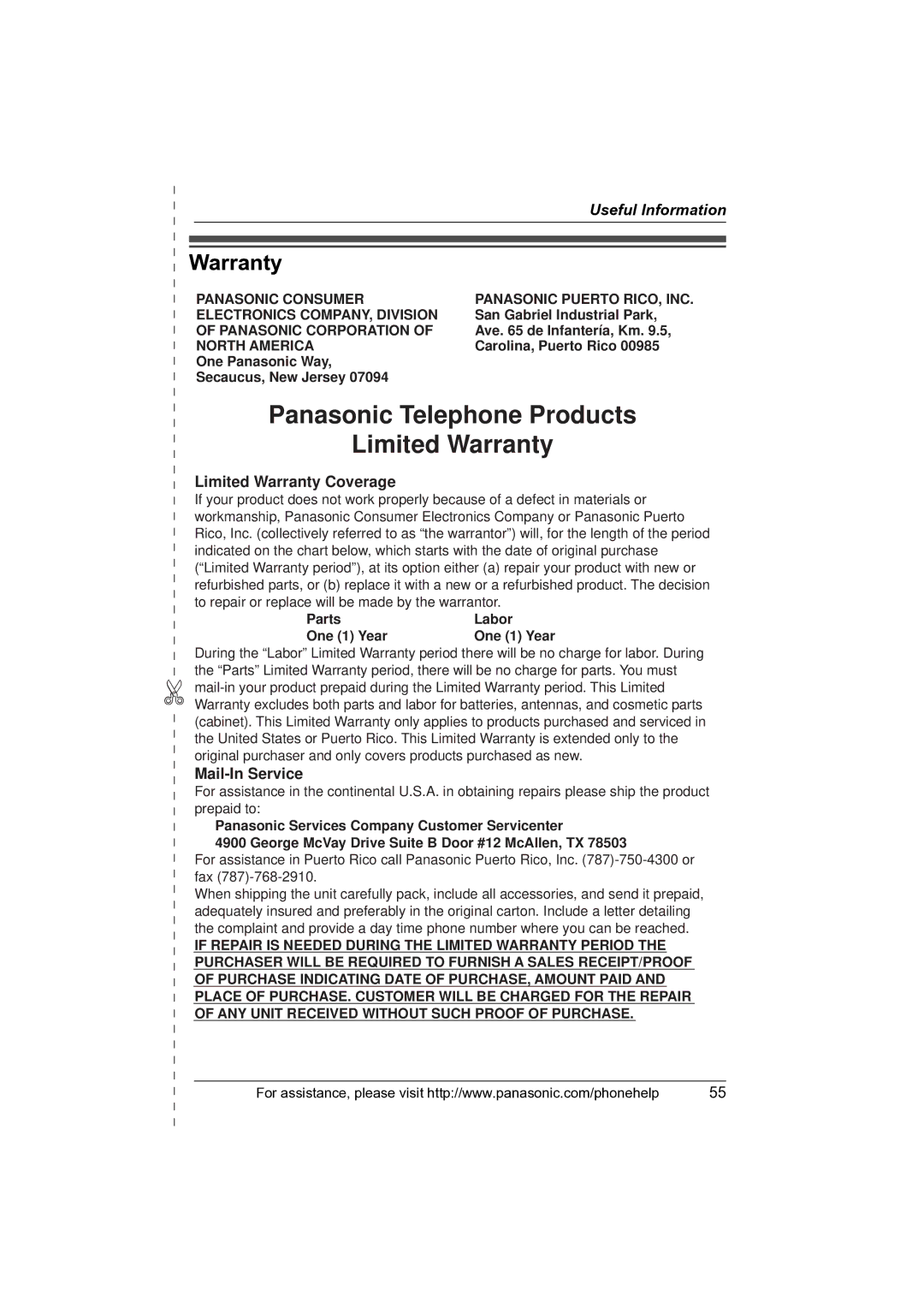 Panasonic KX-TS4100 operating instructions Warranty 