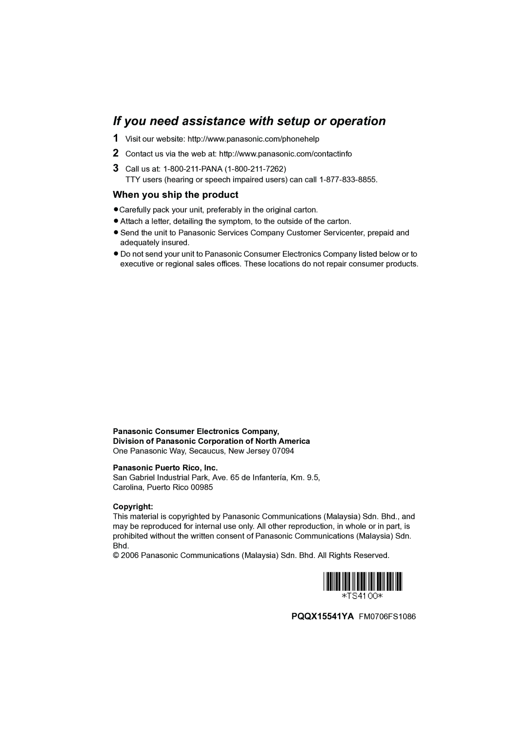 Panasonic KX-TS4100 operating instructions Panasonic Puerto Rico, Inc, Copyright 