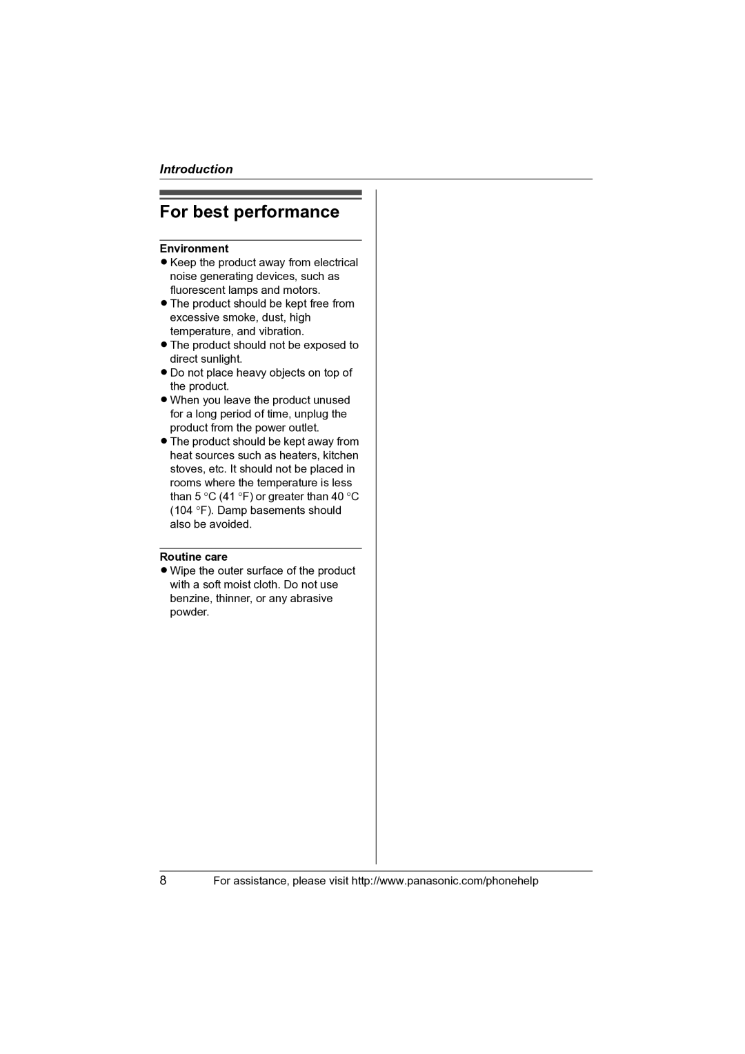 Panasonic KX-TS4100 operating instructions For best performance, Environment, Routine care 