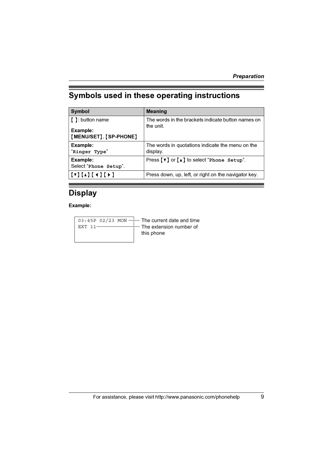 Panasonic KX-TS4100 Symbols used in these operating instructions, Display, Symbol Meaning Button name, Example Unit 