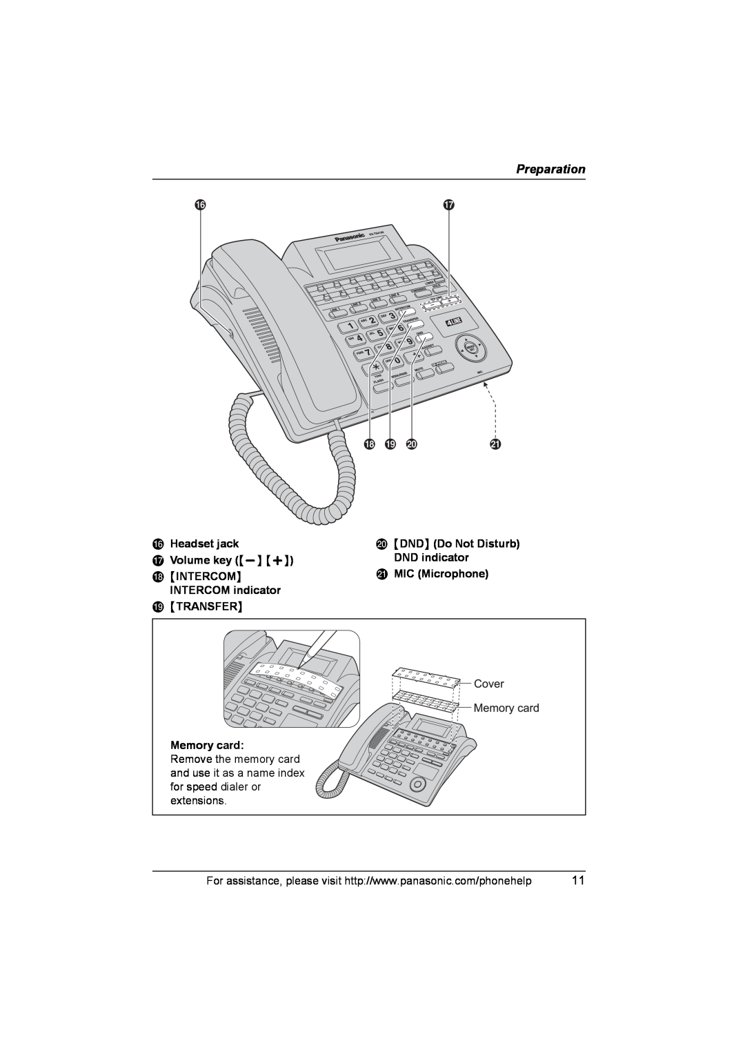Panasonic KX-TS4100 P Headset jack, T DND Do Not Disturb, Q Volume key - +, DND indicator, R Intercom, U MIC Microphone 