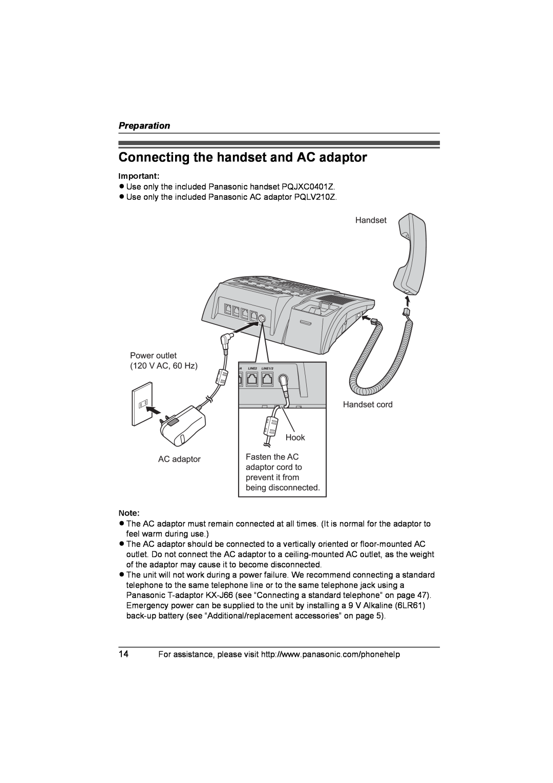 Panasonic KX-TS4100 operating instructions Connecting the handset and AC adaptor, Preparation 