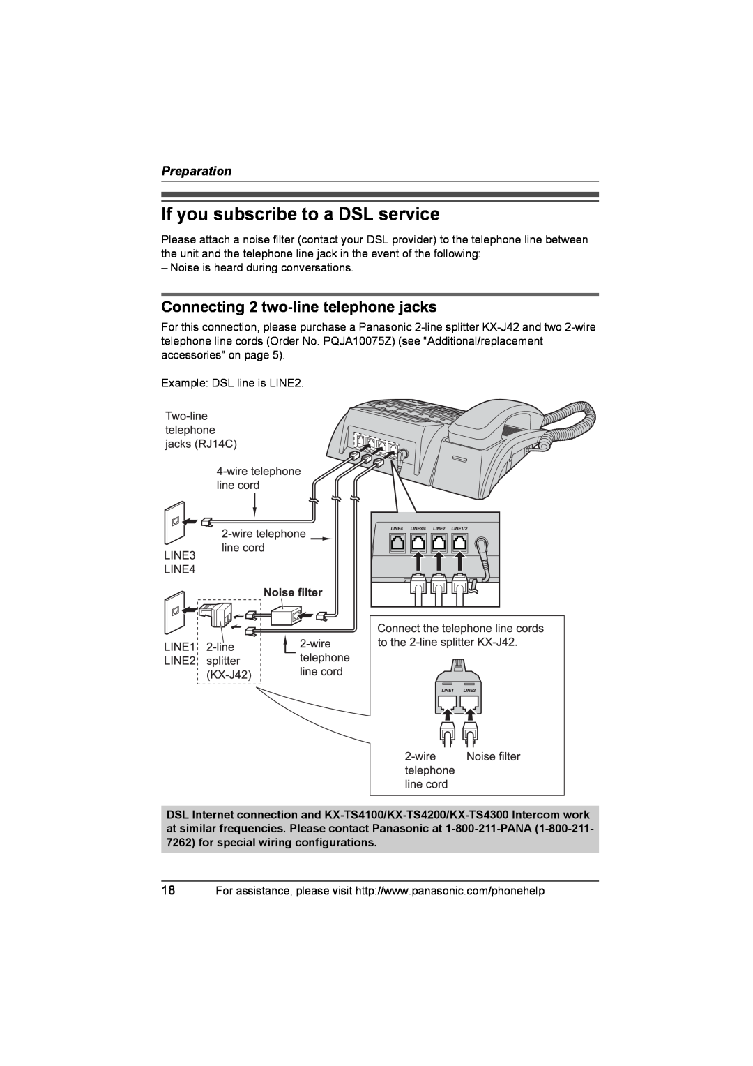 Panasonic KX-TS4100 If you subscribe to a DSL service, Connecting 2 two-line telephone jacks, Preparation 