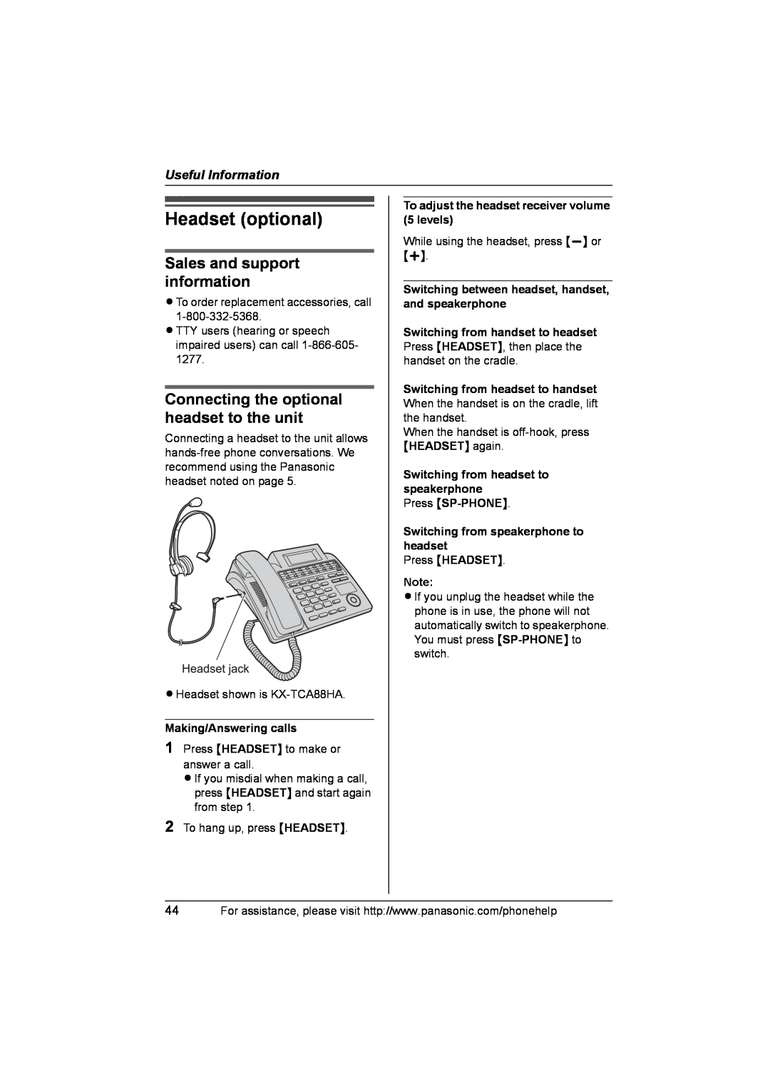 Panasonic KX-TS4100 Headset optional, Connecting the optional headset to the unit, Useful Information 