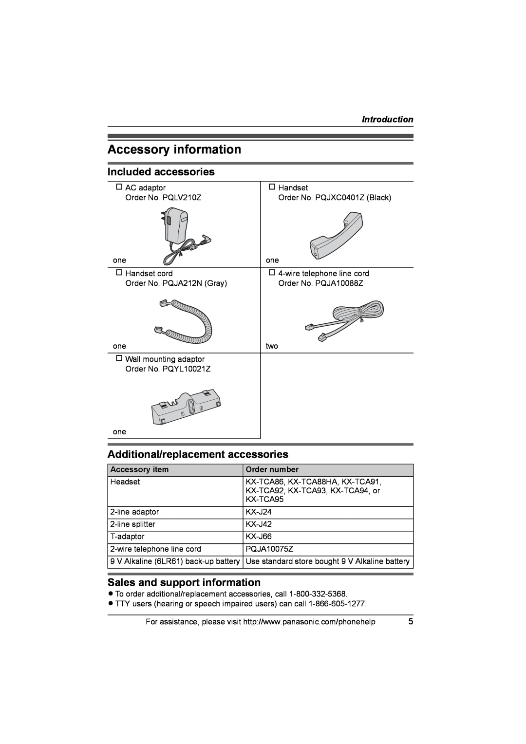 Panasonic KX-TS4100 Accessory information, Included accessories, Additional/replacement accessories, Accessory item 