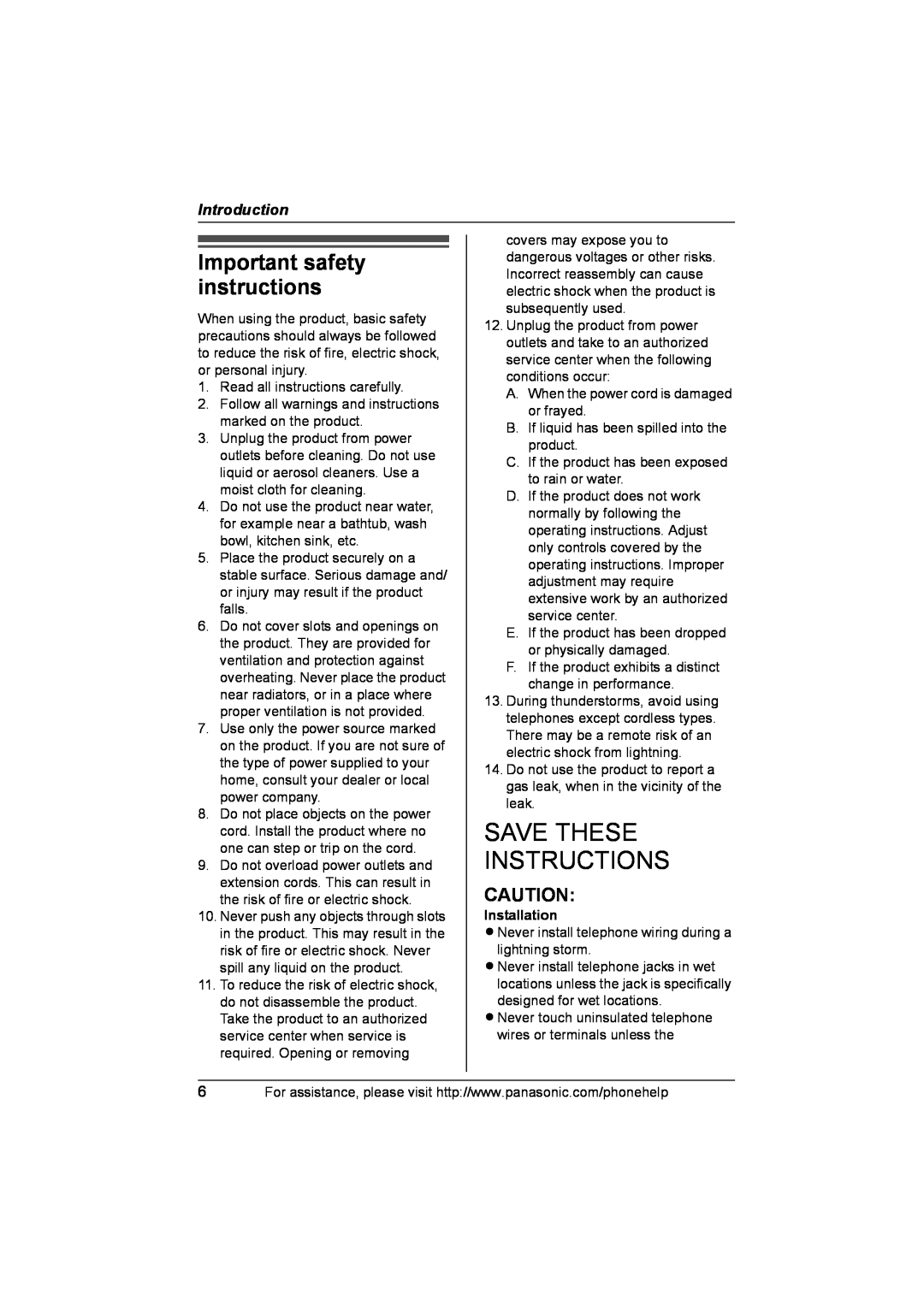 Panasonic KX-TS4100 Important safety instructions, Installation, Save These Instructions, Introduction 