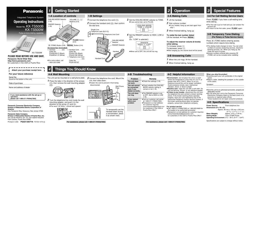 Panasonic KX-TS500W, KX-TS500B operating instructions Getting Started, Operation, Special Features, Things You Should Know 